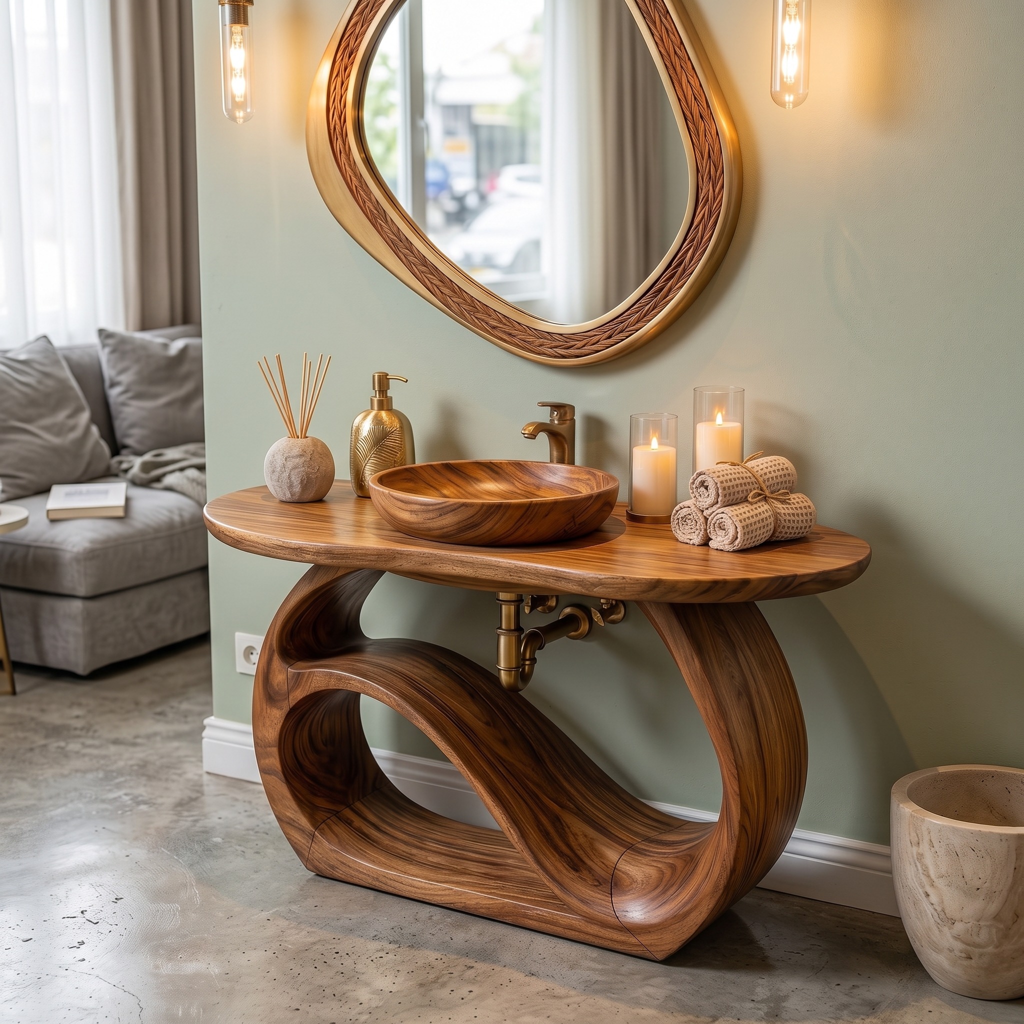 Double Sink Wooden Bathroom Cabinet, Handcrafted Luxury Solid Wood Vanity Console with Storage Shelves