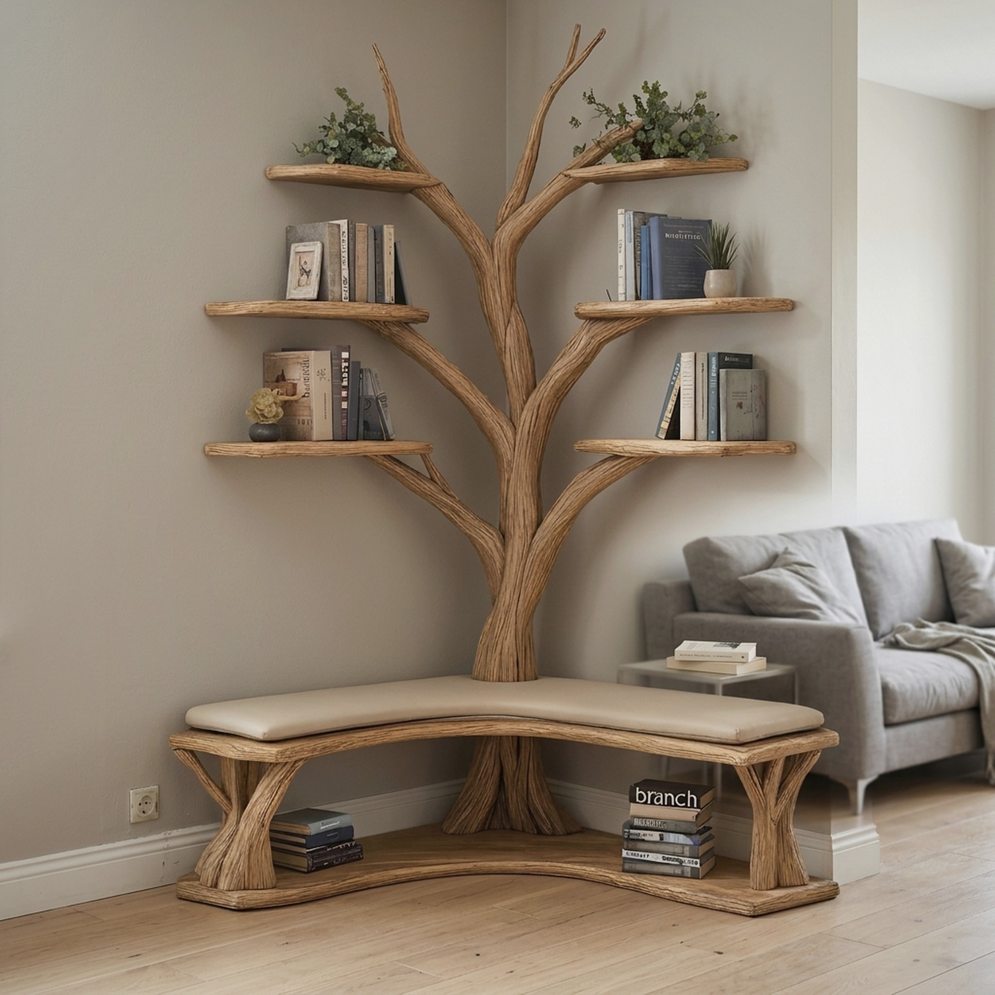 Driftwood Branch Floating Bookshelf Hall Tree with Wood Bench