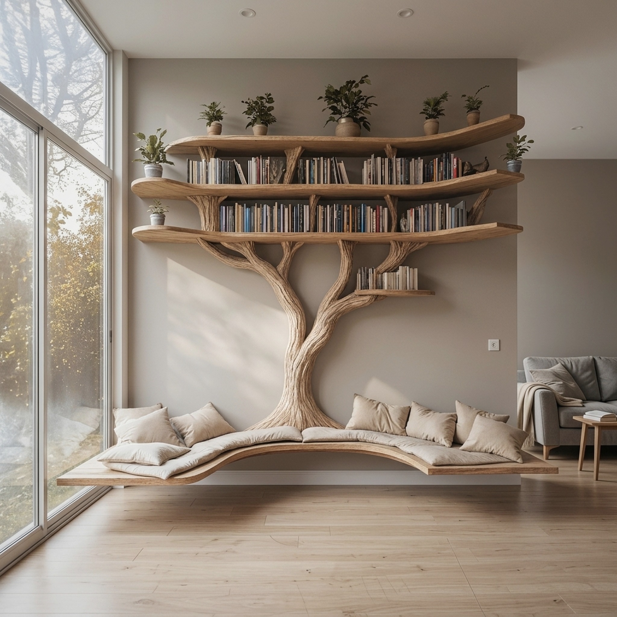 Driftwood Branch Tree Bookshelf with U Shaped Bench Custom Corner Bench