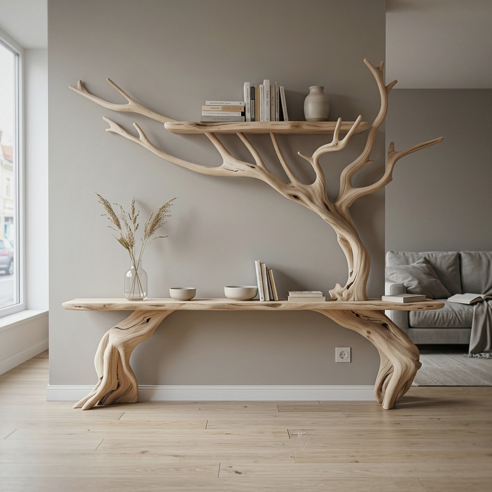 Driftwood Narrow Console Table with Tree Branch