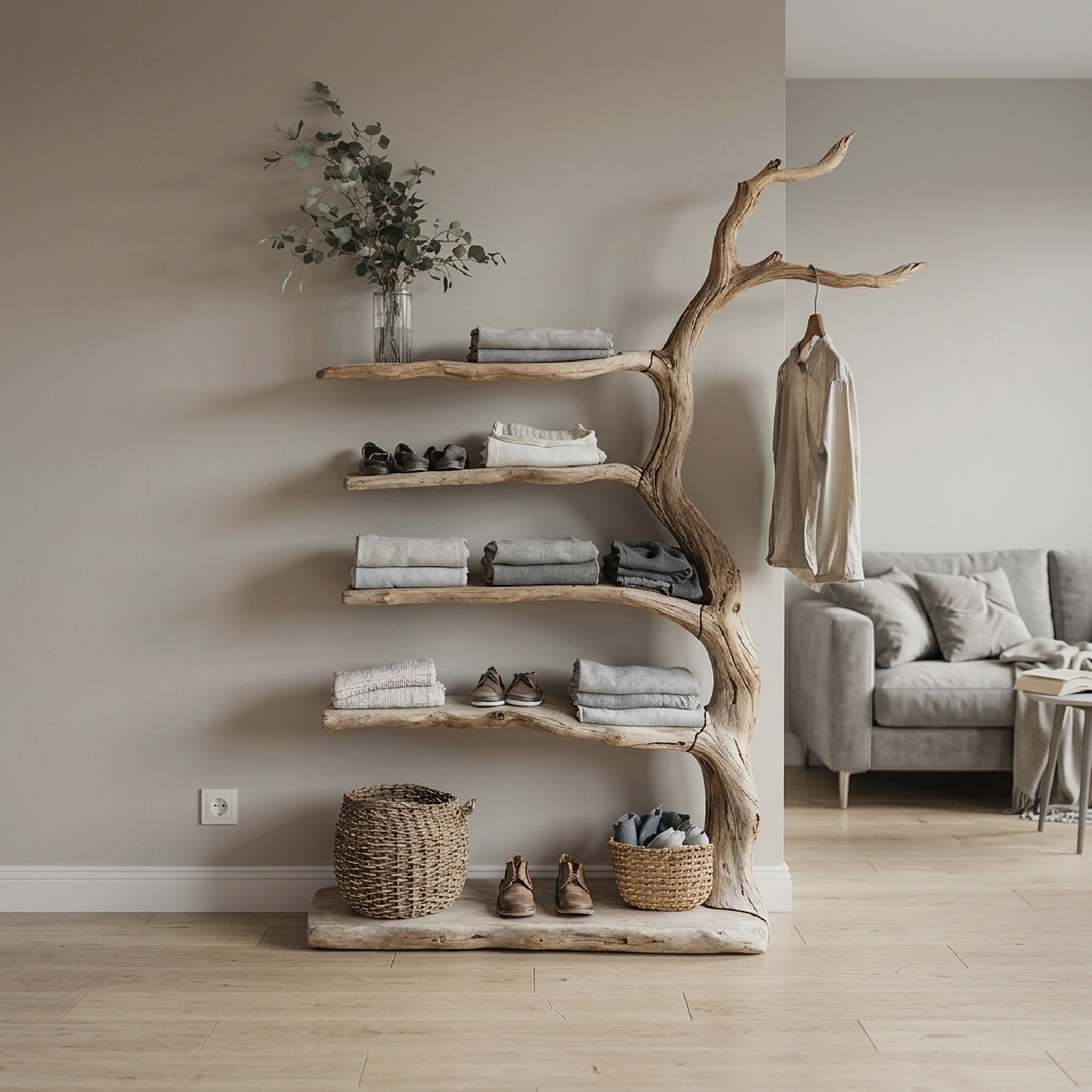 Driftwood Tree Branch Coat Rack with Shelf Shoe Storage