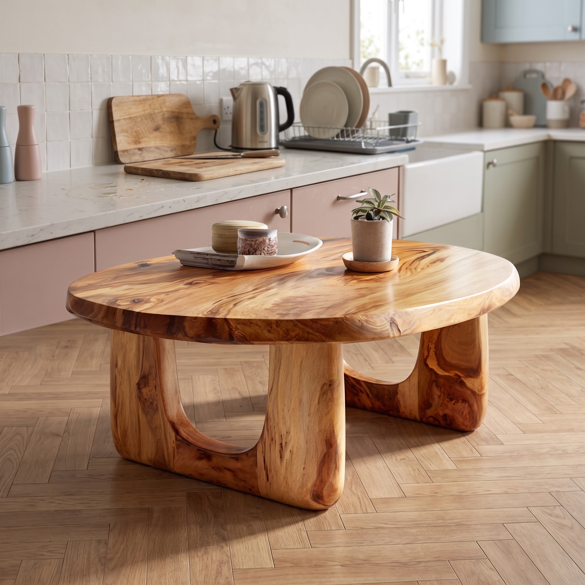 Dual Arch Solid Wood Coffee Table, Soft Organic Accent Center Table for Modern Japandi Living Room Decor