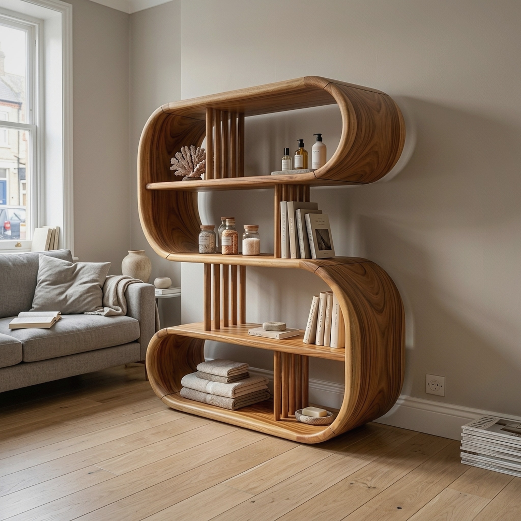Elegant Curved Wooden Bathroom Shelf with Spa Inspired Design