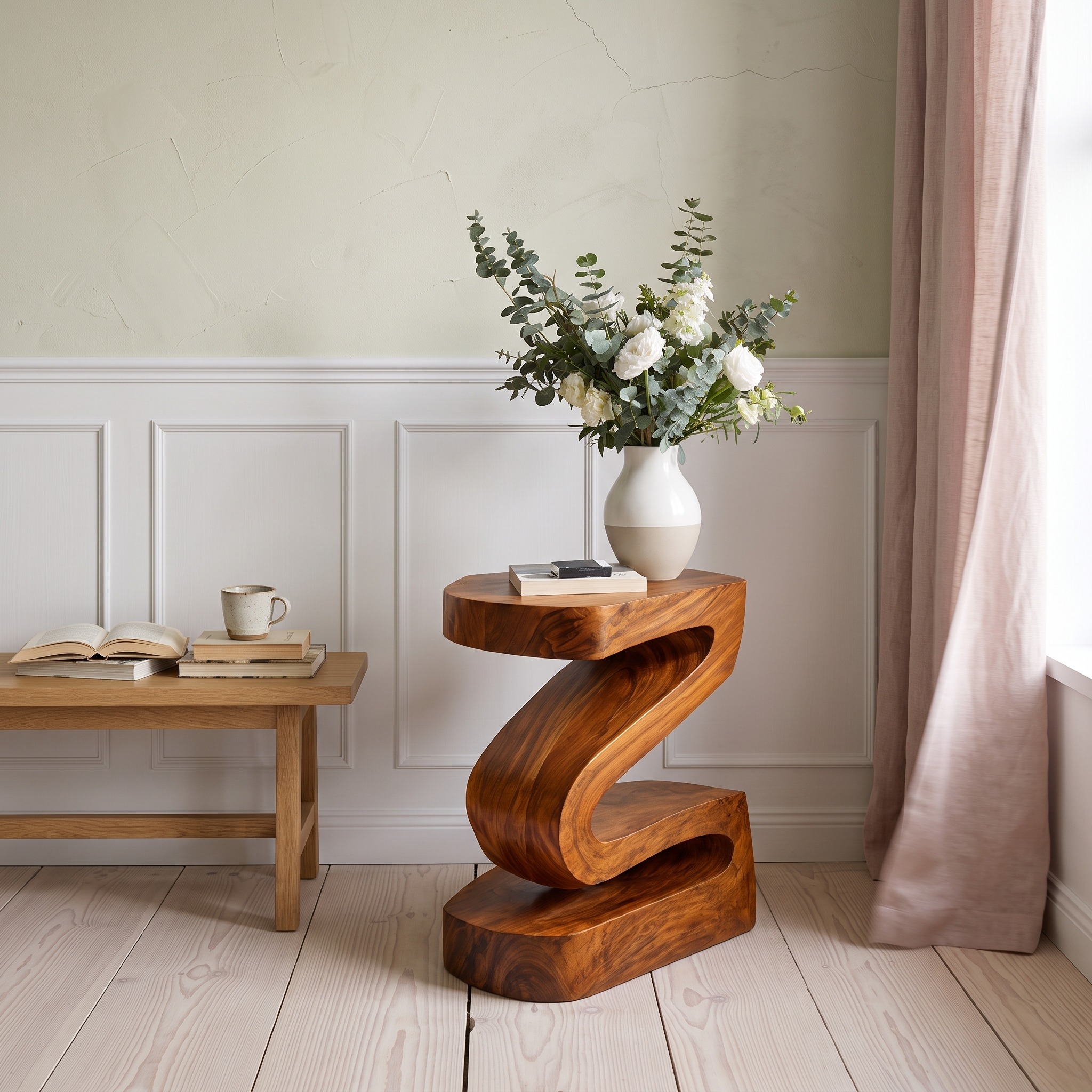 Elegant Natural Wood Nightstand, Minimalist Bedside Table with Curved Form & Open Storage, Model