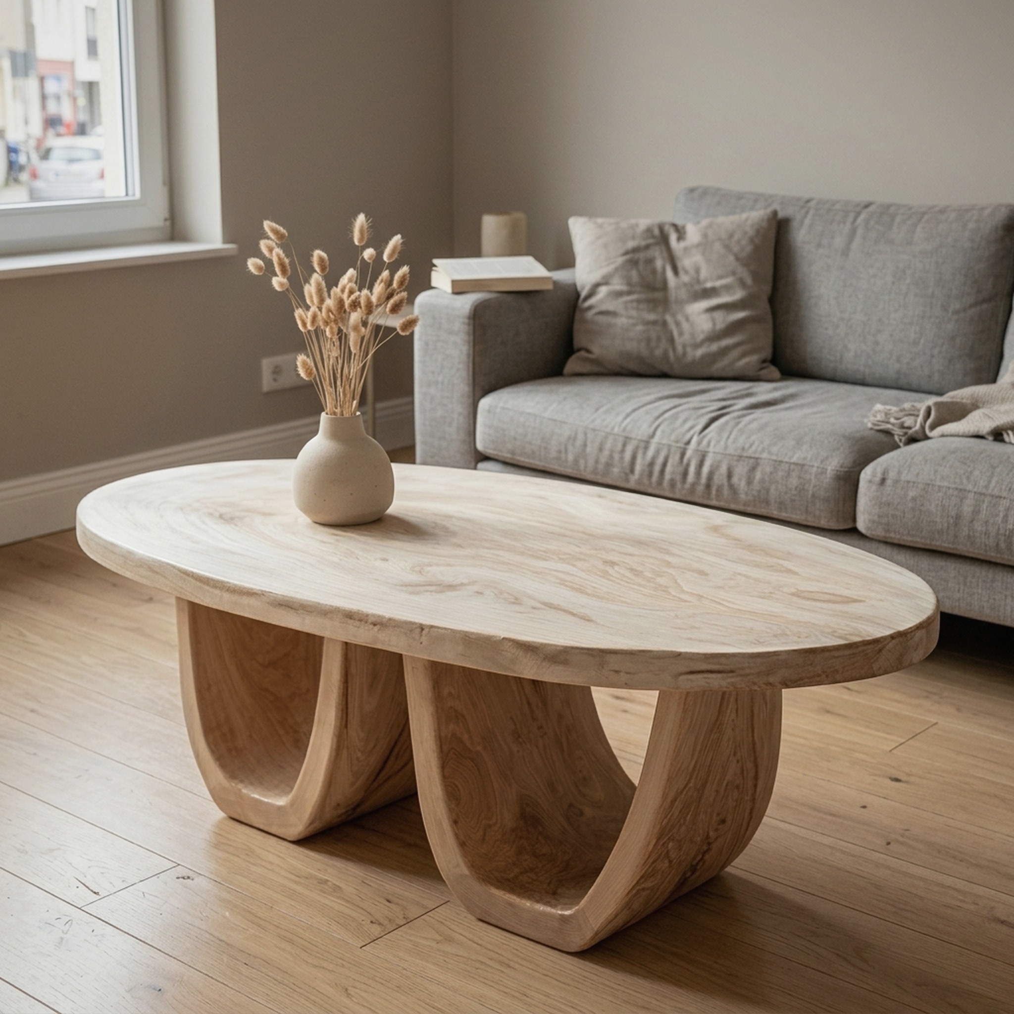 Elegant Oval Solid Wood Coffee Table Sculptural Twin Base Calm Modern Living Room Interior