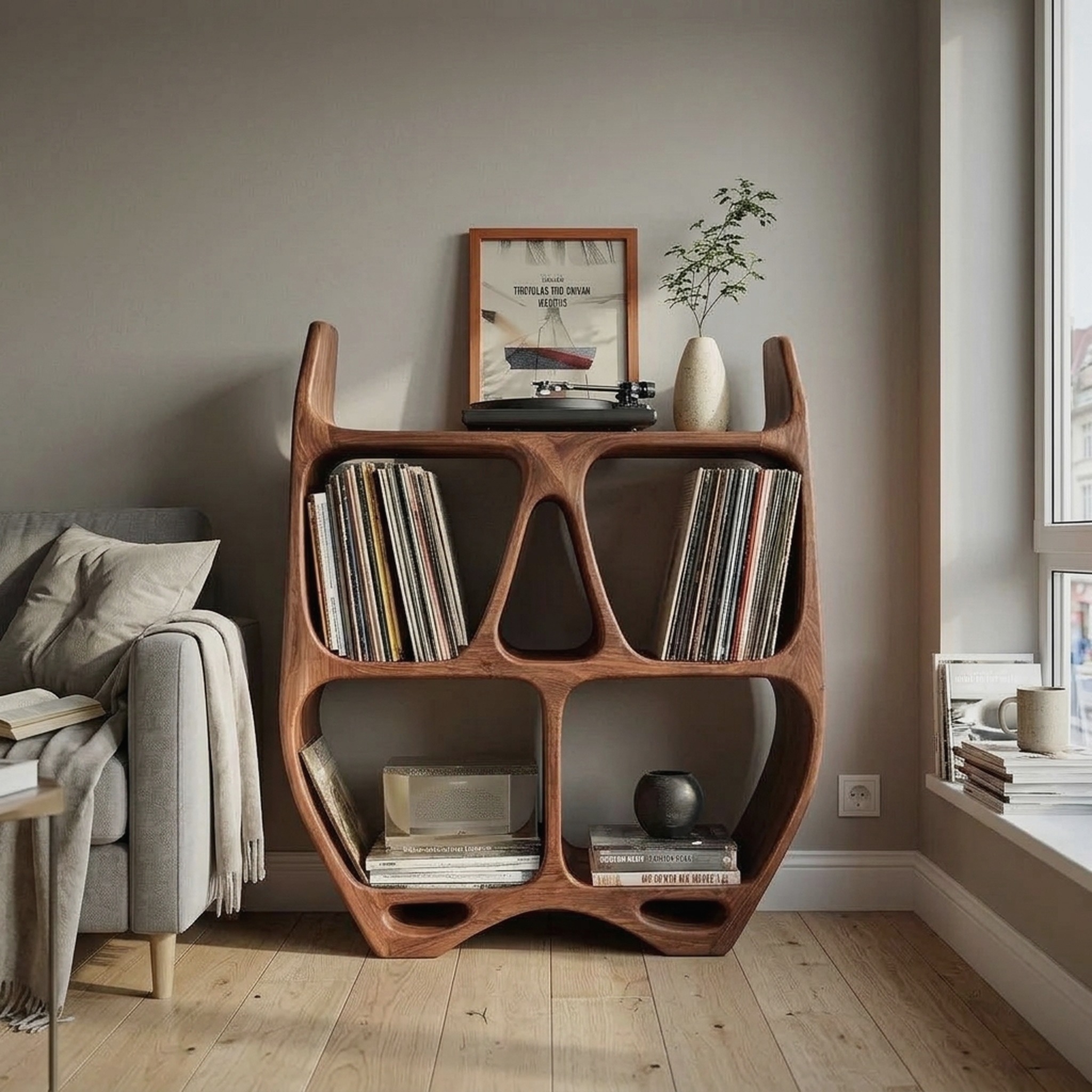Elegant Sculptural Wooden Record Cabinet for Living Room