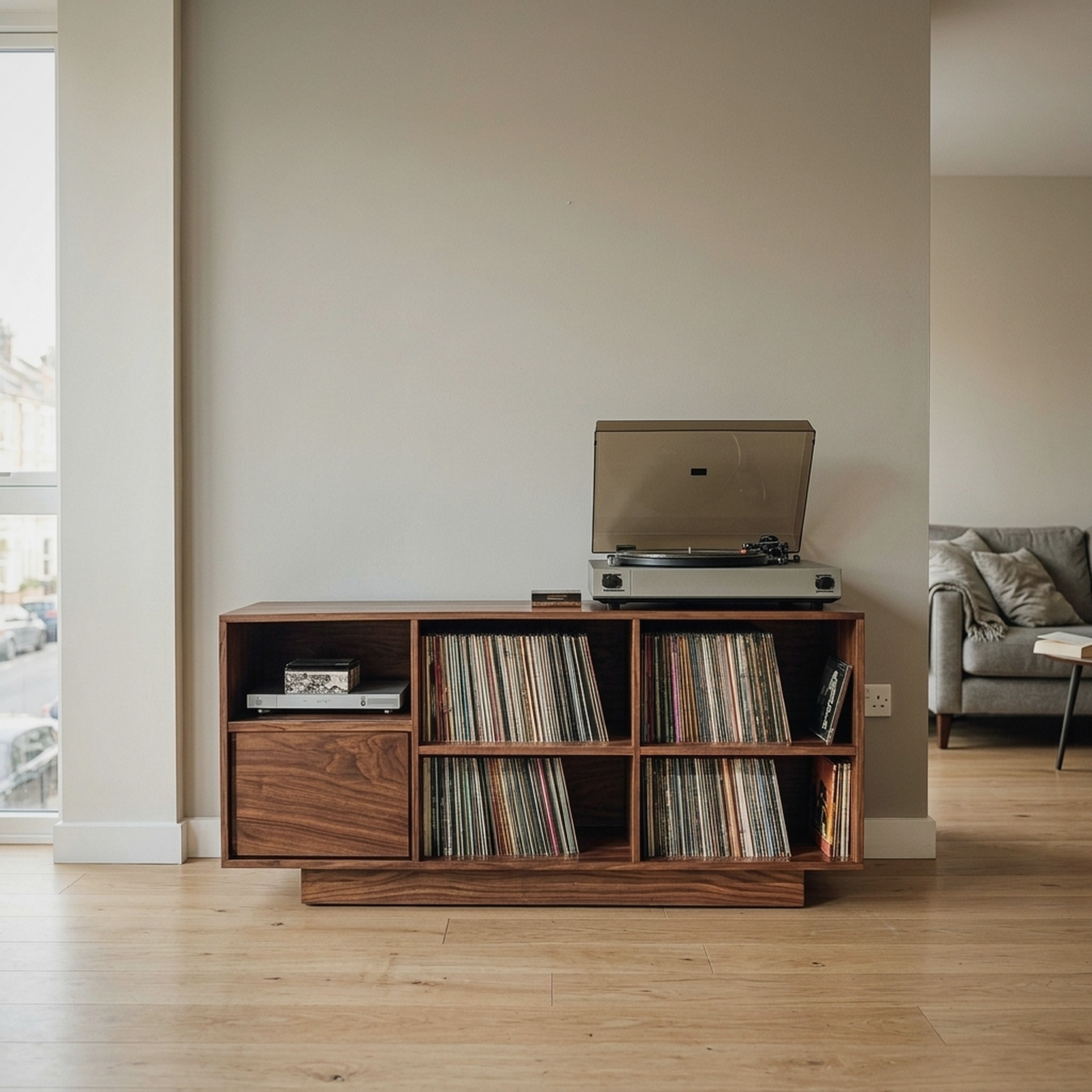 Elegant Vinyl Record Cabinet with Open Compartments for Living Room