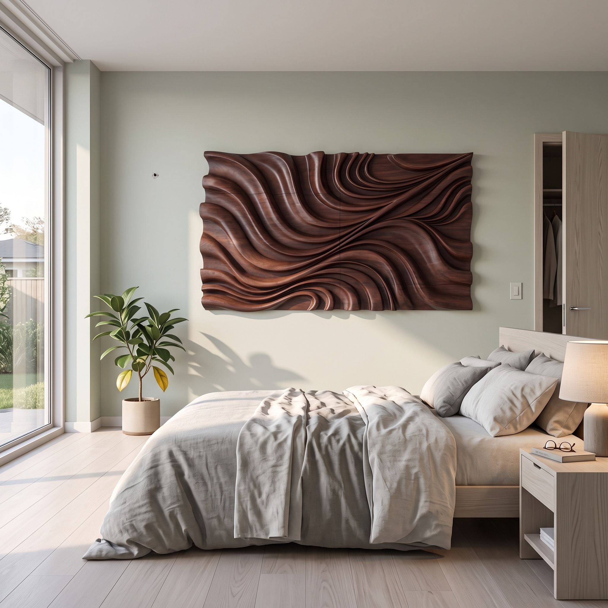 Elegant Wave Wood Wall Art Sculpture, 3D Handcrafted Wooden Wall Panel Decor for Modern Living Room & Bedroom