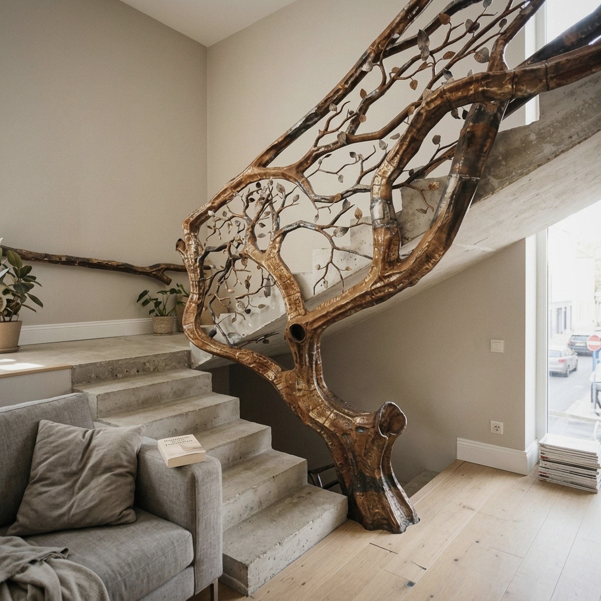 Elegant Wooden Branch and Leaf Stair Railing Custom Stair Railing Country Style