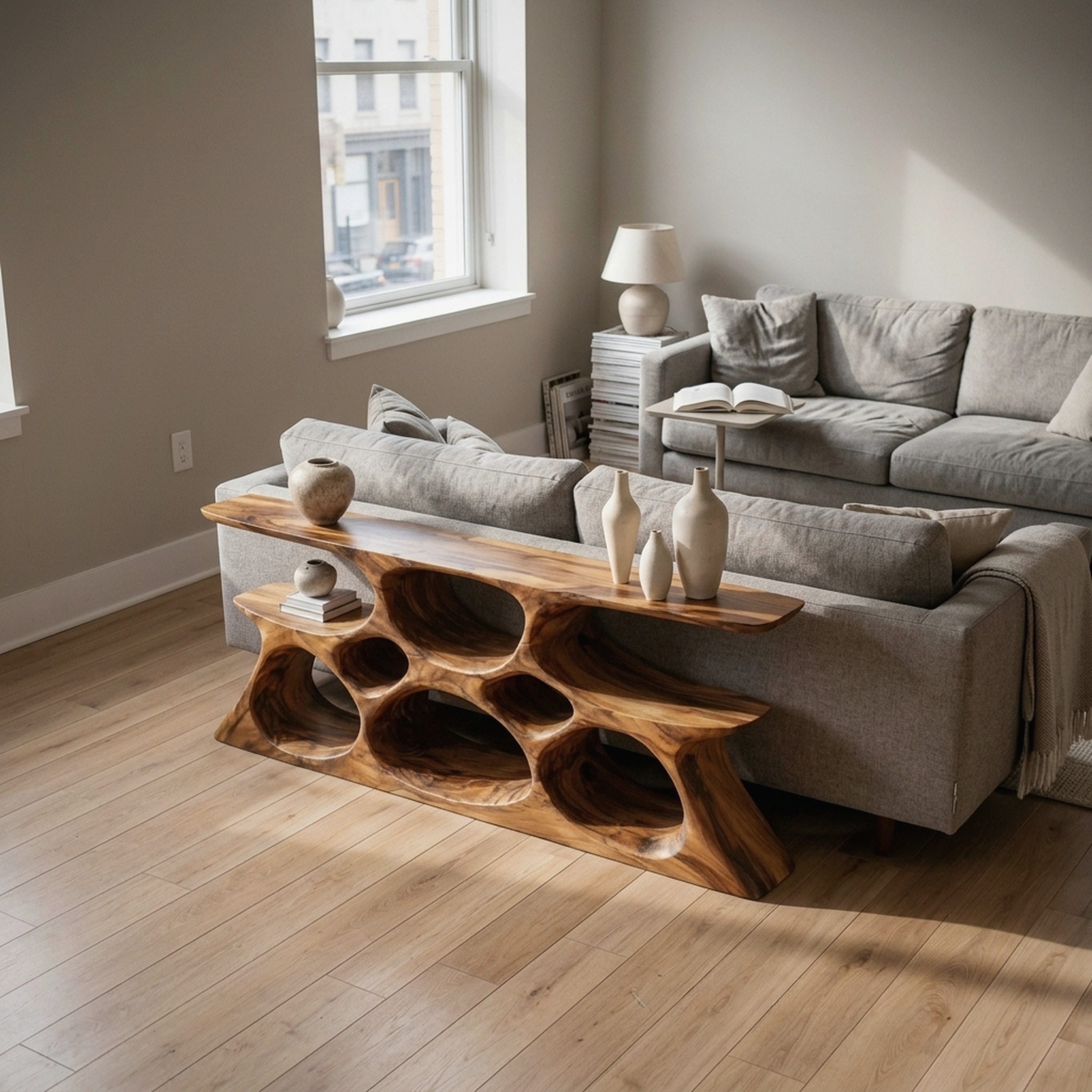 Elegant Wooden Console Table with Sculptural Shelves for Home Decor