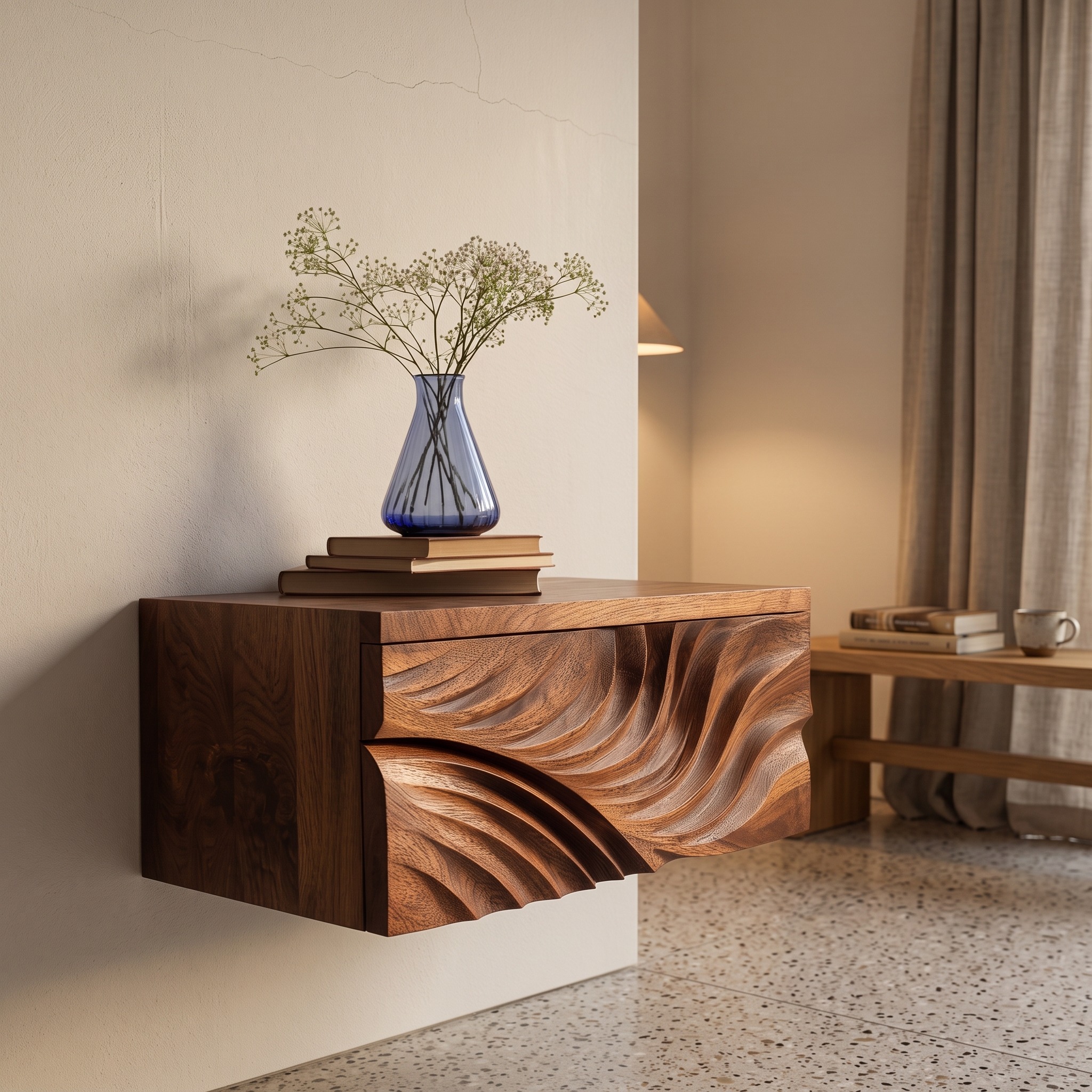 Elegant Wooden Floating Nightstand with Carved Front, Wall Mounted Bedside Table with Drawer, Model