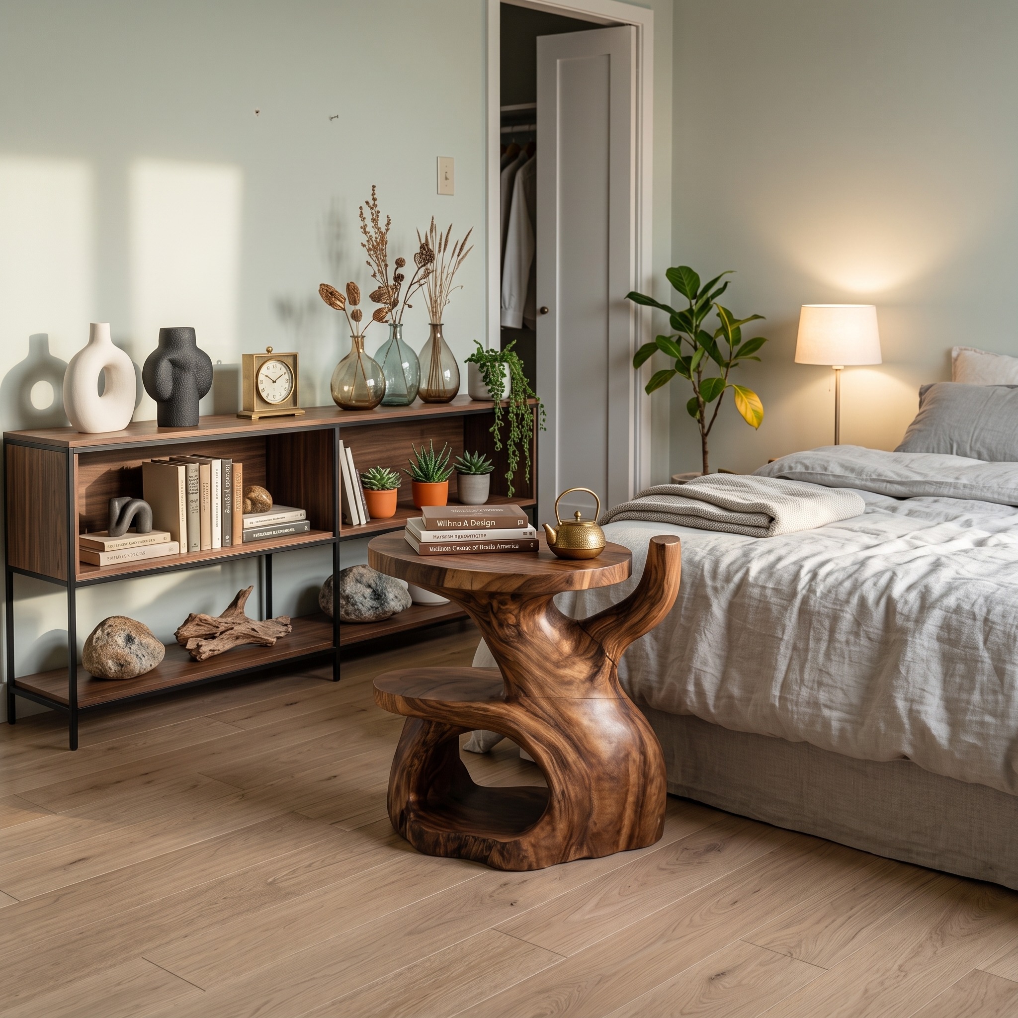 Elegant Wooden Side Table with Layered Shelf, Handcrafted Solid Wood End Table & Nightstand for Living Room, Model