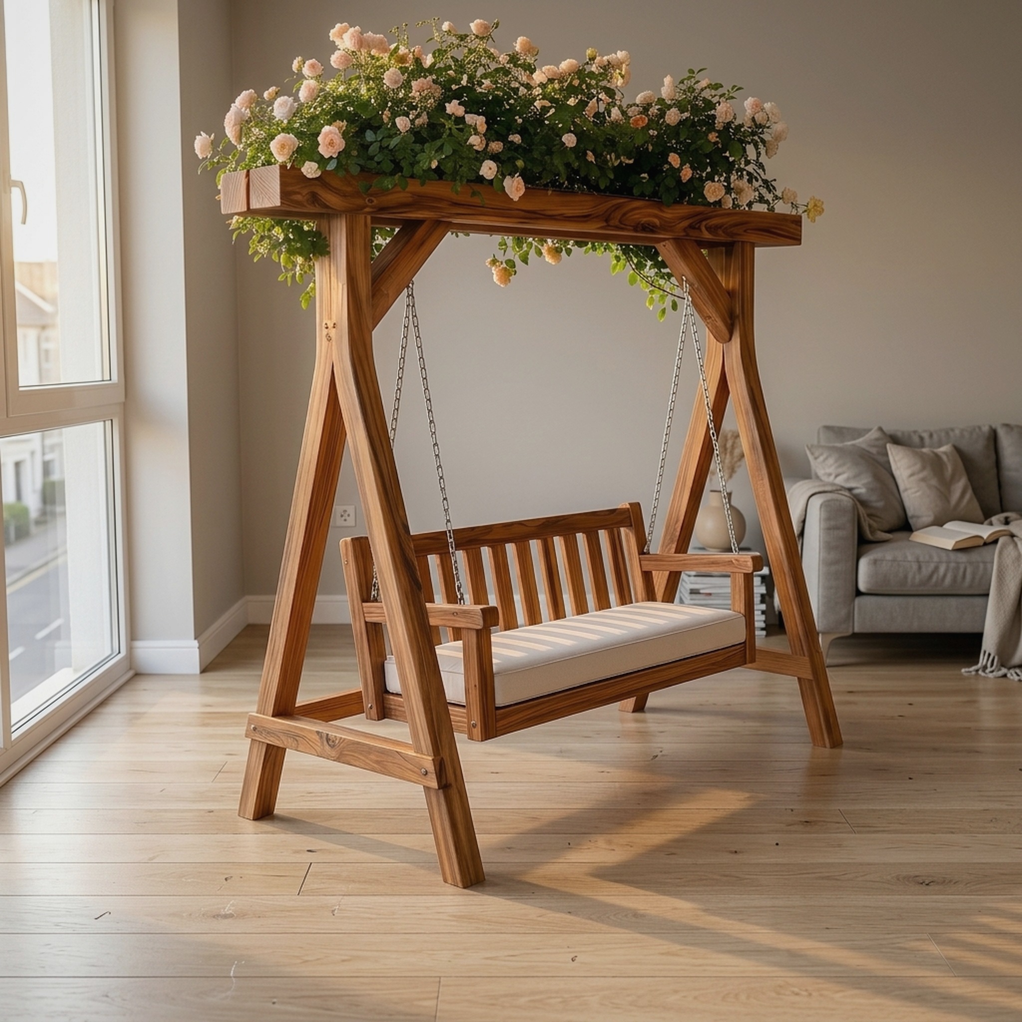 Elegant Wooden Swing with Planter Frame Chair