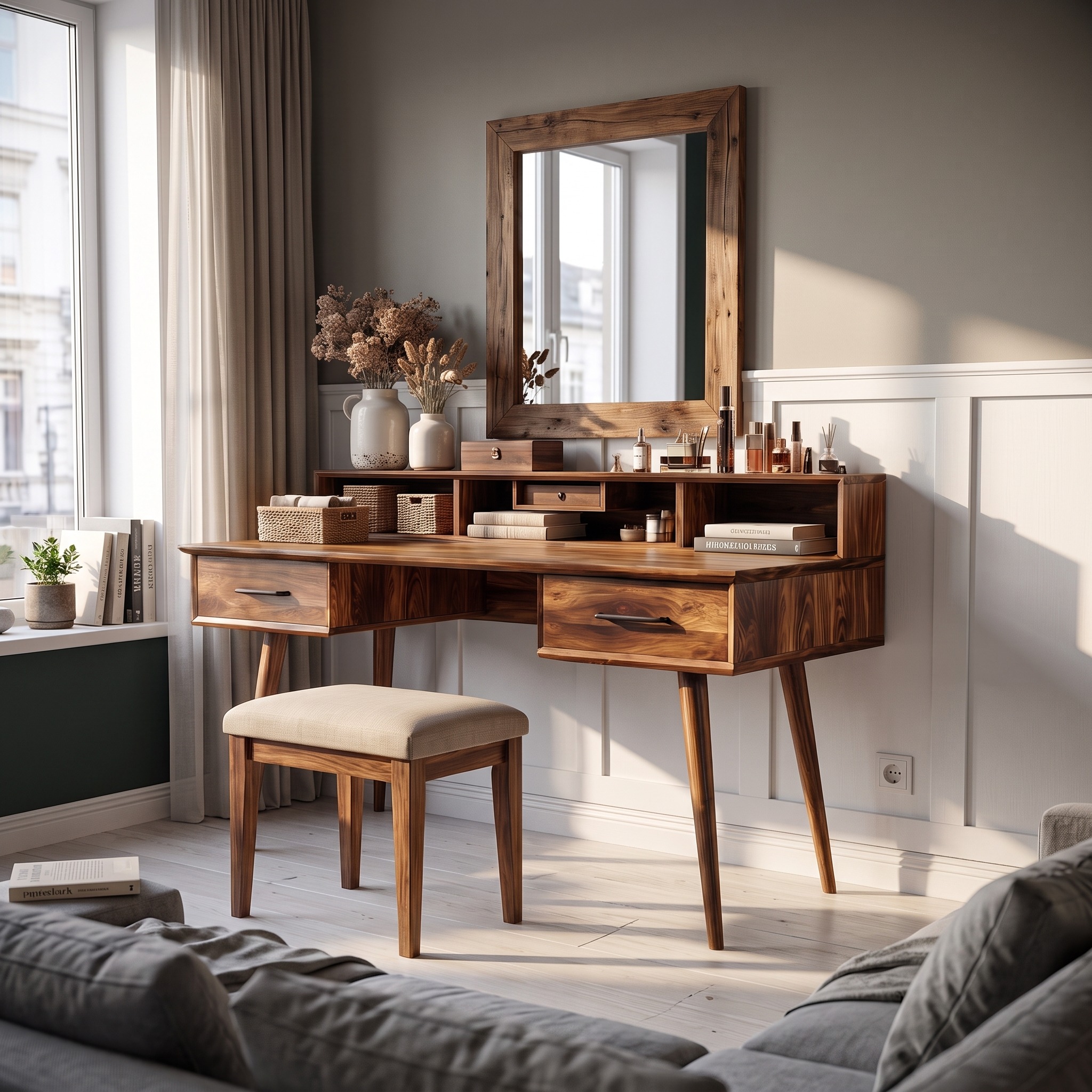 Elegant Wooden Vanity Table, Handcrafted Solid Wood Dressing Desk with Mirror & Drawers for Bedroom Makeup Studio