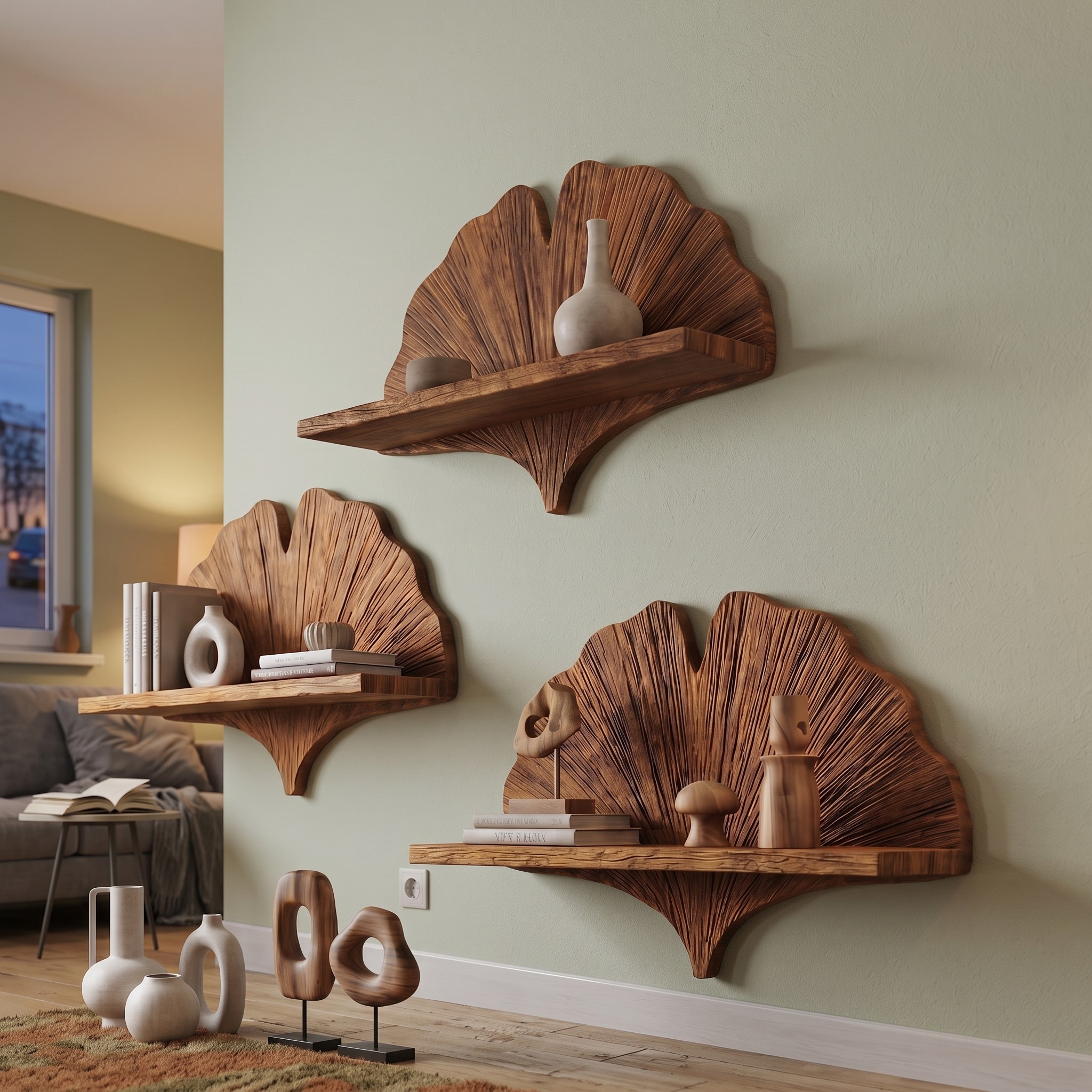 Fan Shape Wooden Floating Wall Shelf, Solid Wood Corner Display & Decorative Mounted Shelf for Living Room