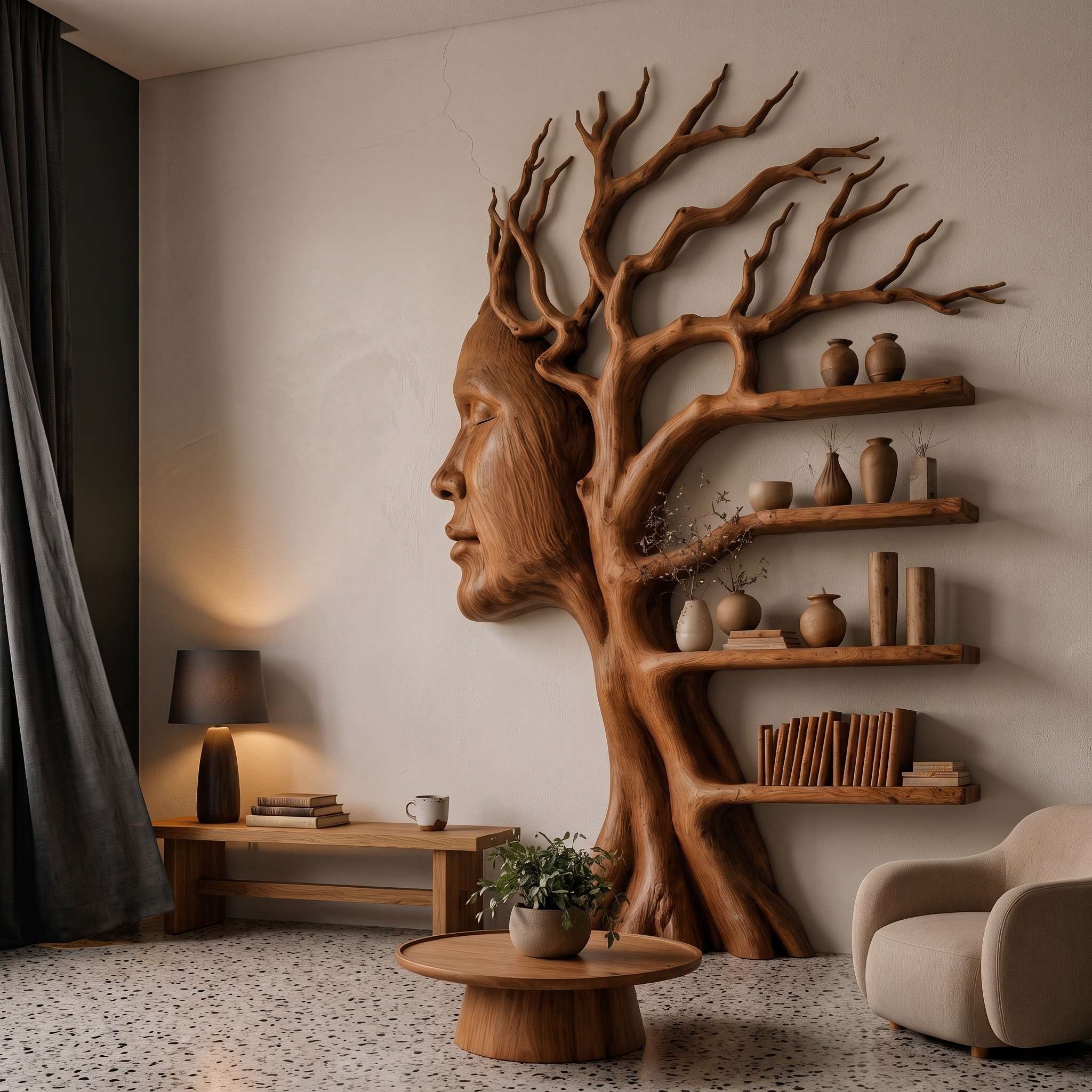 Fantasy Tree Bookshelf, Sculptural Face Design & Solid Wood Integrated Branch Shelves for Kids Room & Study