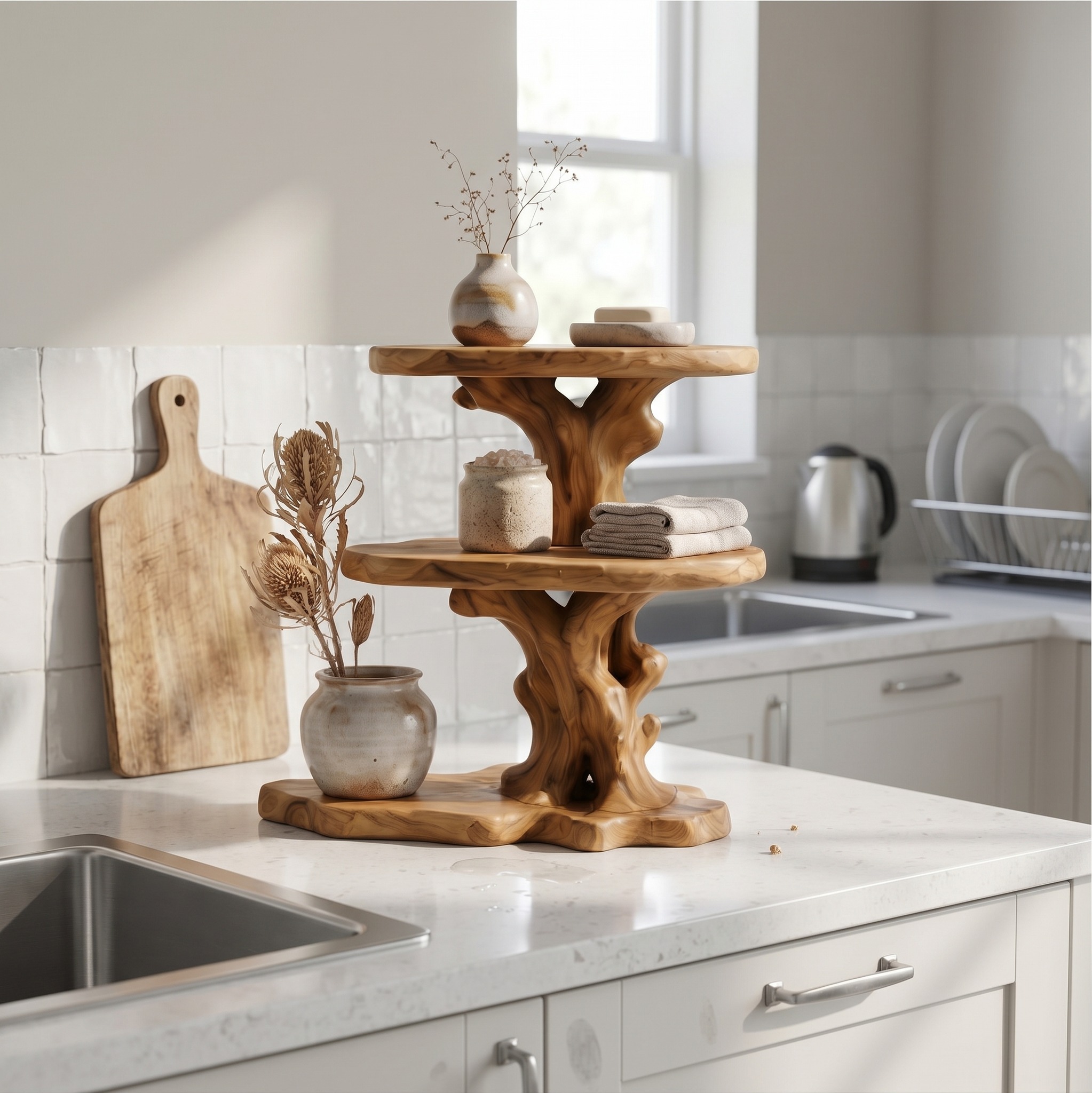 Farmhouse Bathroom Shelf, Tiered Wood Vanity Countertop Organizer & Display Stand
