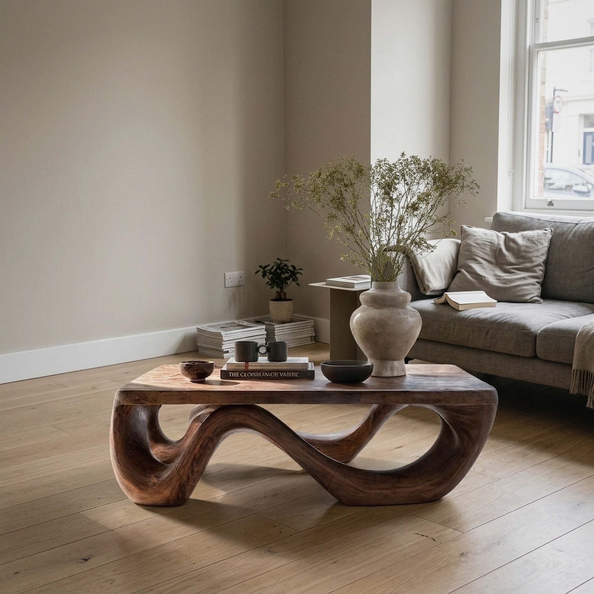 Farmhouse Coffee Table with Sculptural Open Wood Base for Living Room