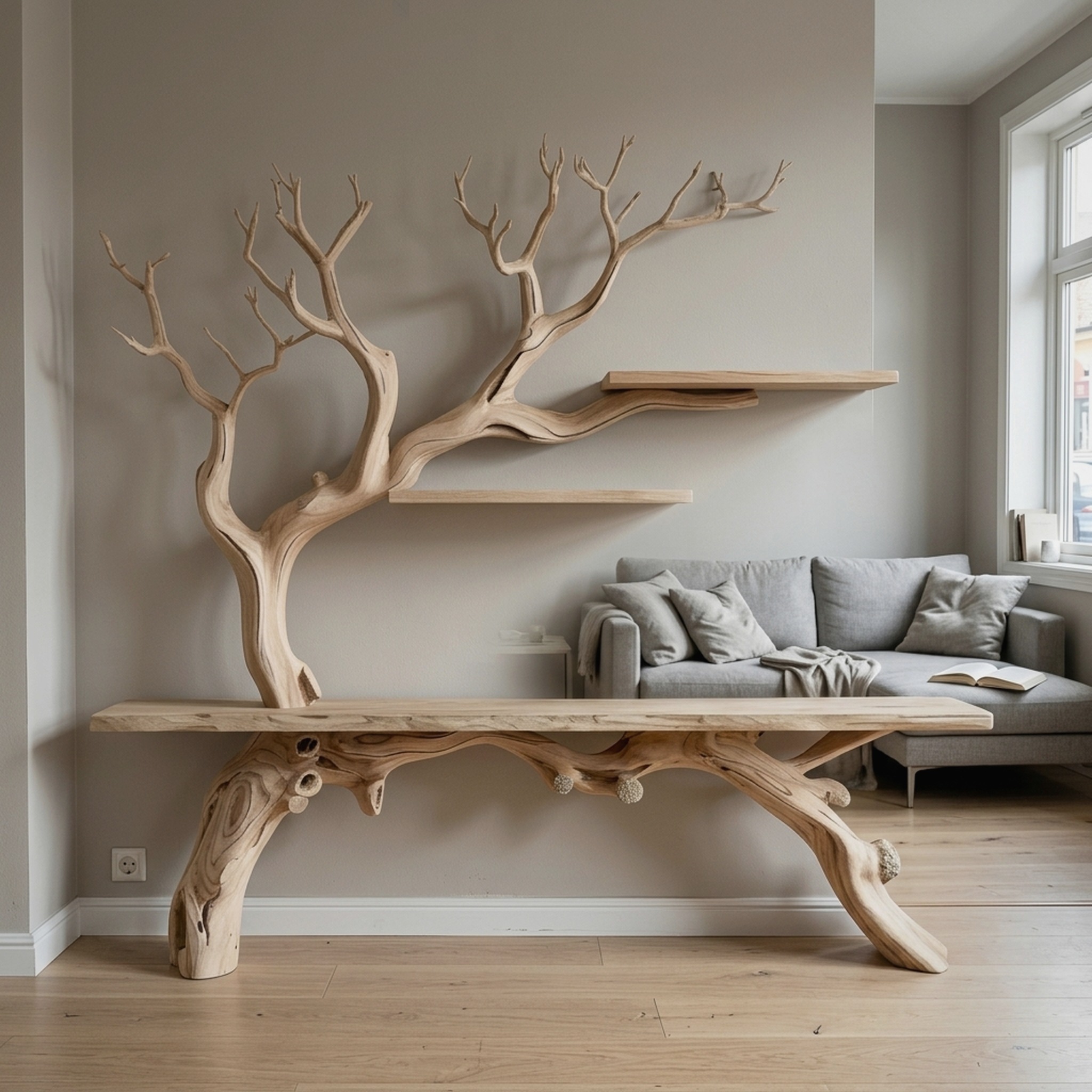 Farmhouse Console Table with Tree Branch Bookshelf