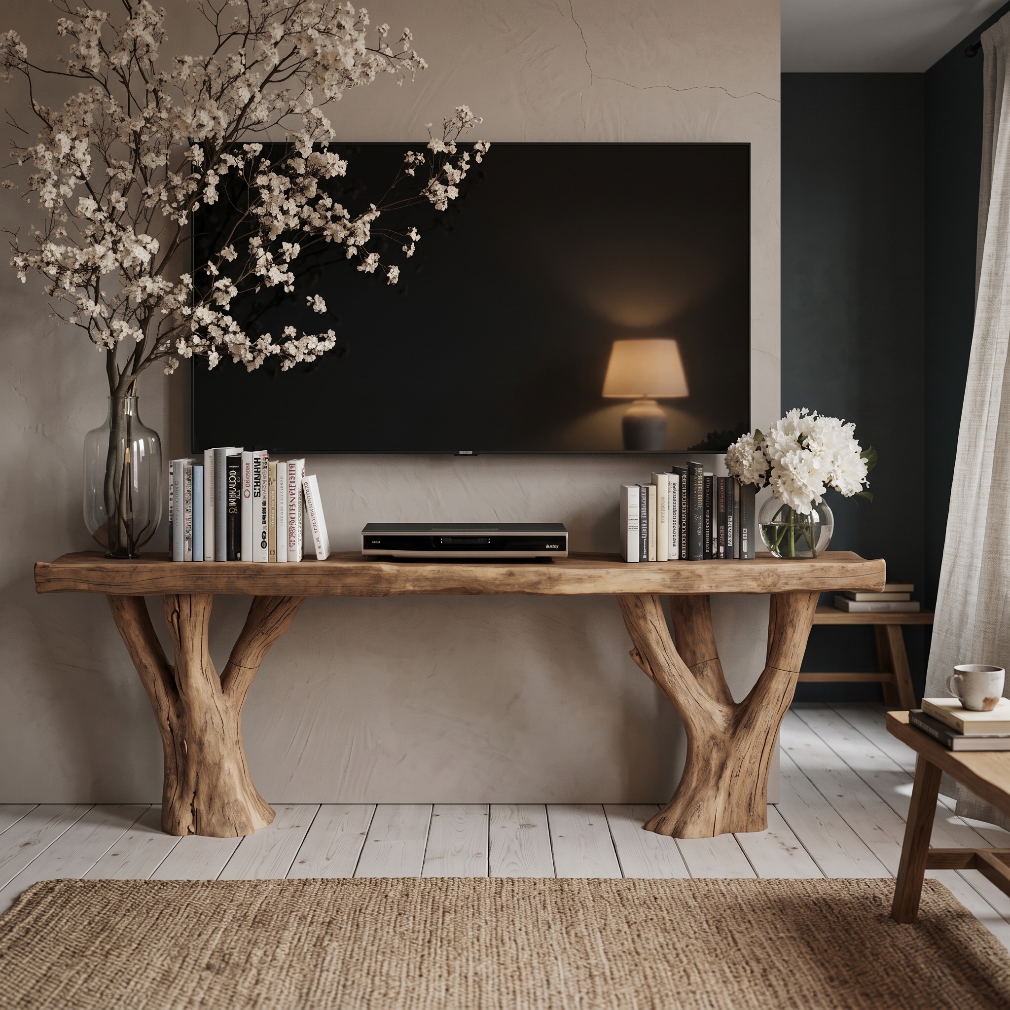 Farmhouse Handcrafted Solid Wood TV Cabinet, Rustic Media Console Table for Living Room & Hallway