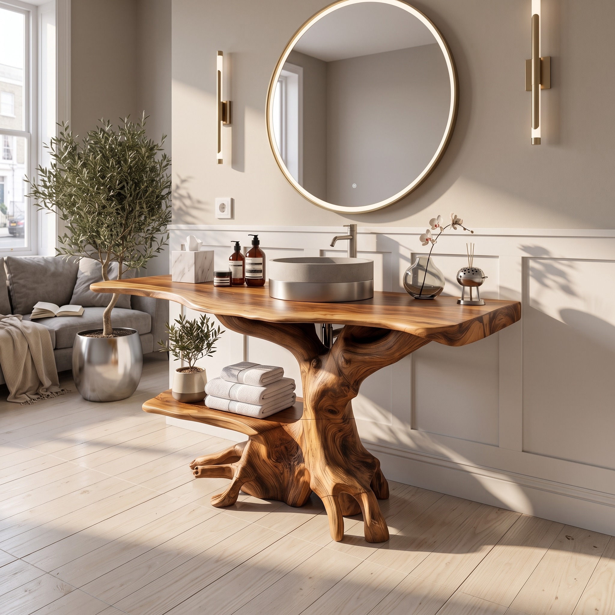 Farmhouse Live Edge Bathroom Vanity, Rustic Handcrafted Solid Wood Single Sink Vanity Cabinet with Storage Shelf