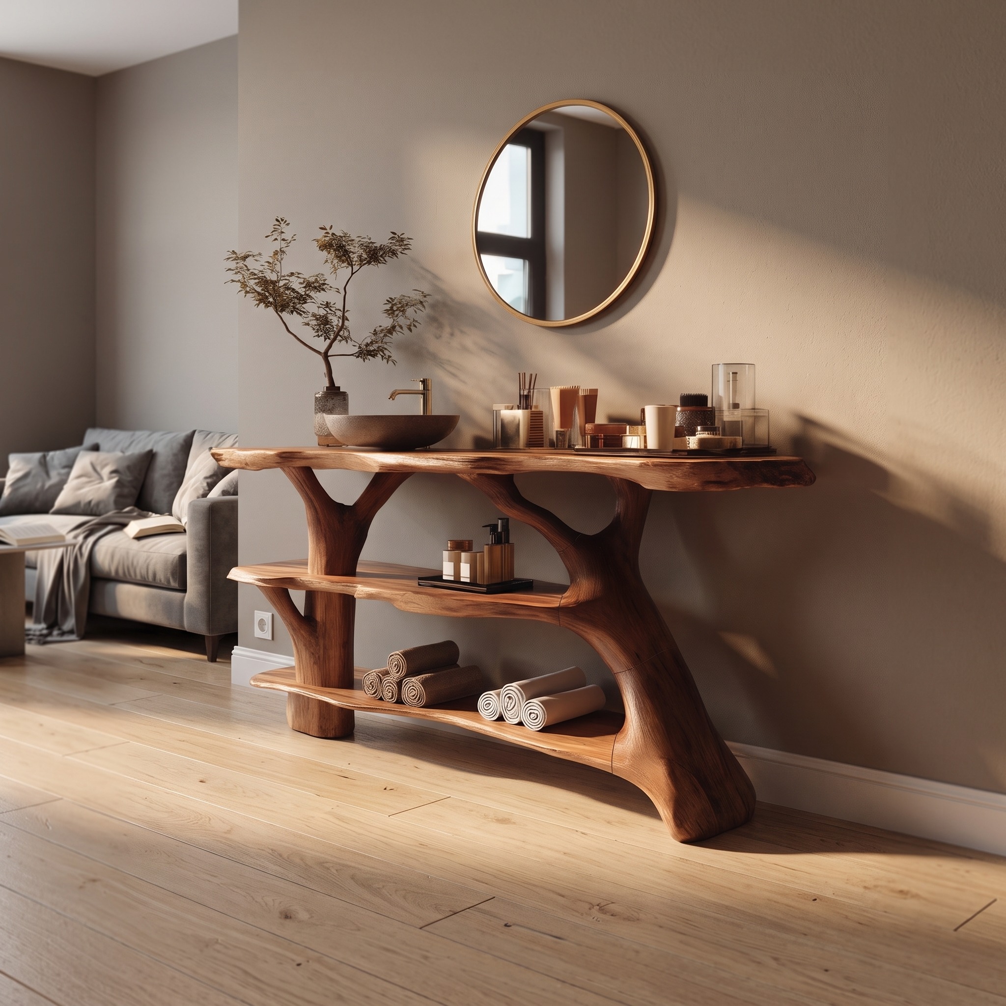 Farmhouse Live Edge Bathroom Vanity, Solid Wood Tree Trunk Slab Sink Console for Rustic Bathroom Decor