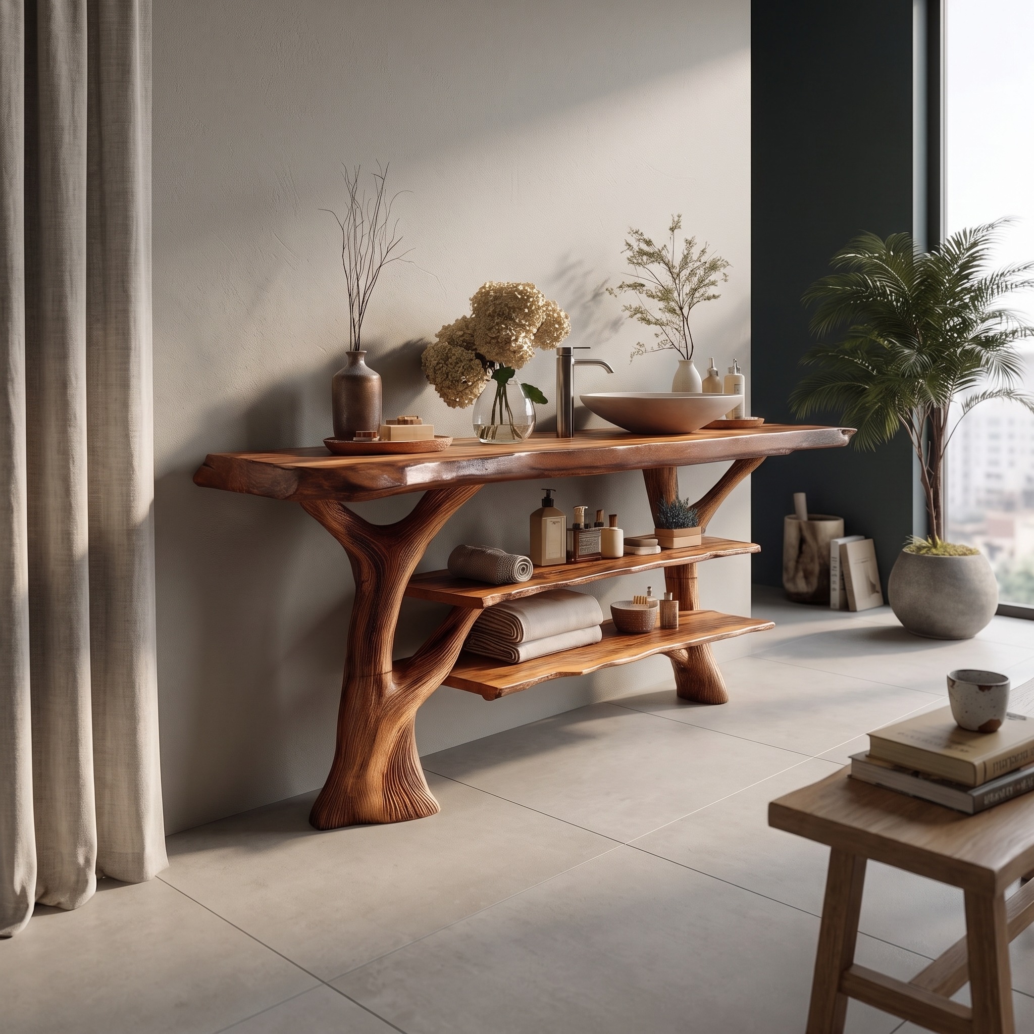 Farmhouse Live Edge Bathroom Vanity, Solid Wood Tree Trunk Slab Sink Console for Vintage Bathroom Decor