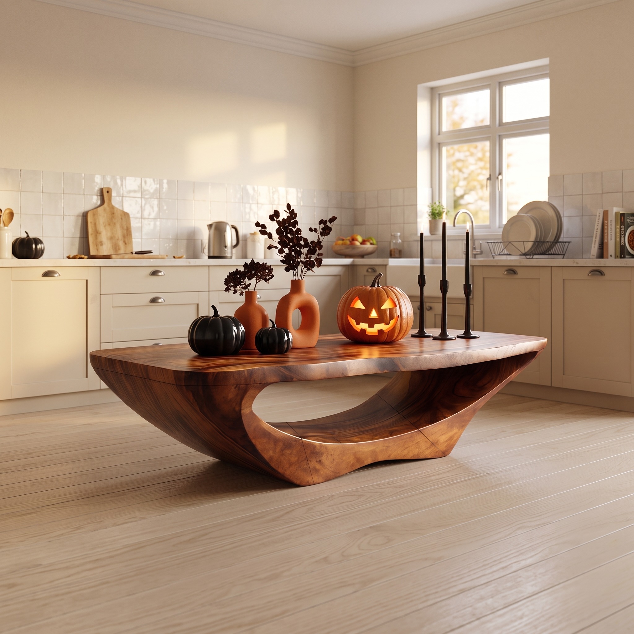 Farmhouse Live Edge Coffee Table, Rustic Wood Accent Table for Spooky Halloween & Entryway Decor