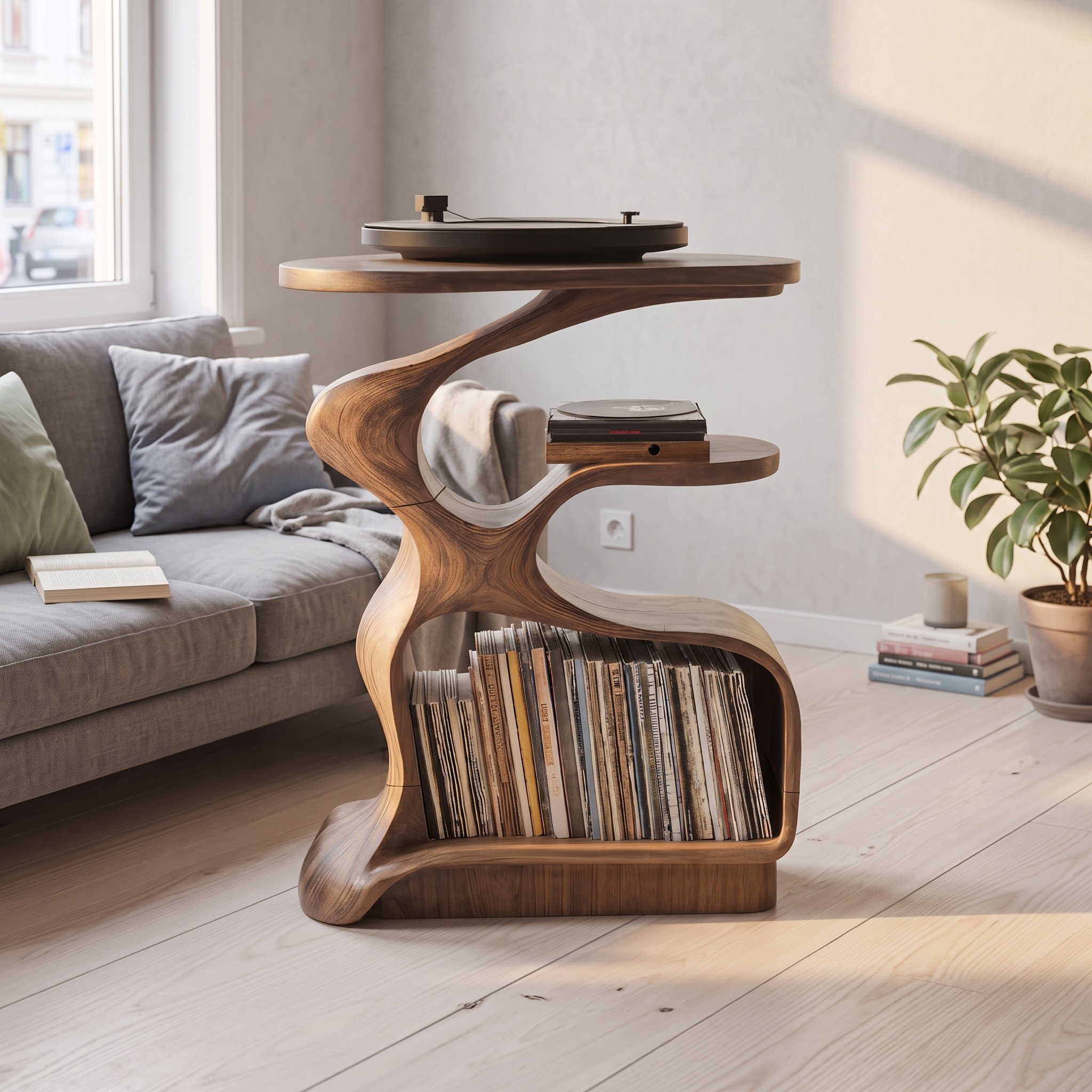 Farmhouse Live Edge Record Stand, Solid Wood Vinyl Album Storage Cabinet, Rustic Turntable Table for Living Room