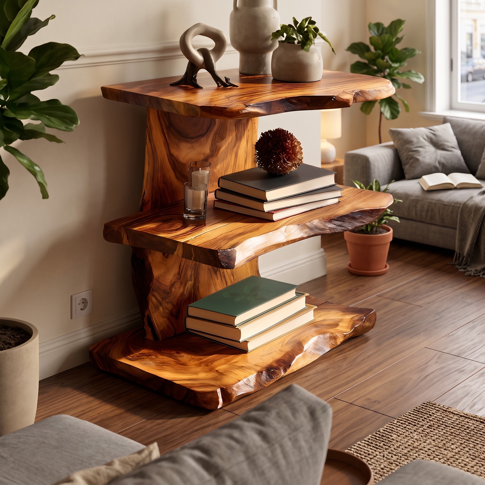 Farmhouse Live Edge Wooden Standing Shelf, Handcrafted Solid Wood Bookcase & Display Rack Decor