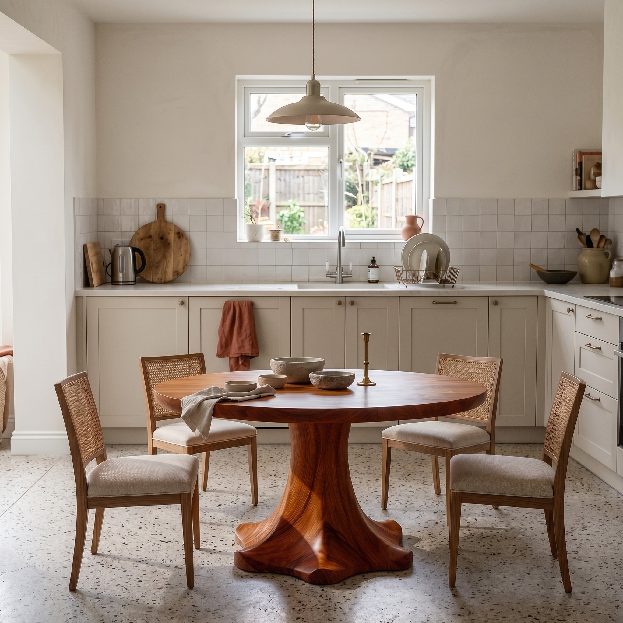 Farmhouse Round Dining Table with Sculptural Wooden Pedestal Base, Rustic Solid Wood Kitchen Table