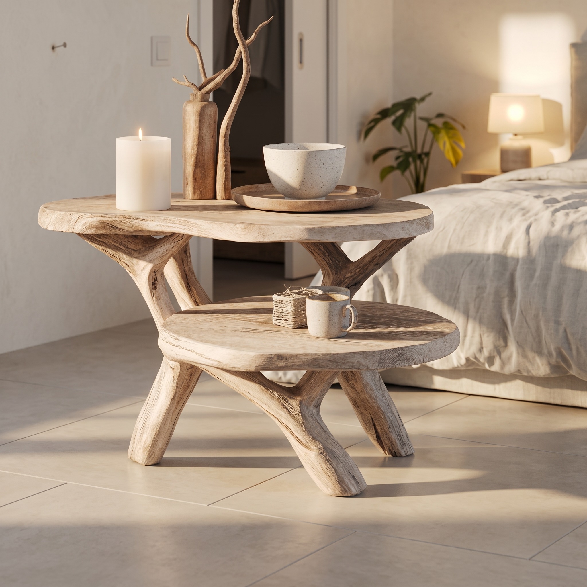 Farmhouse Round Solid Wood End Table, Rustic Handcrafted Side Table & Nightstand for Living Room Decor