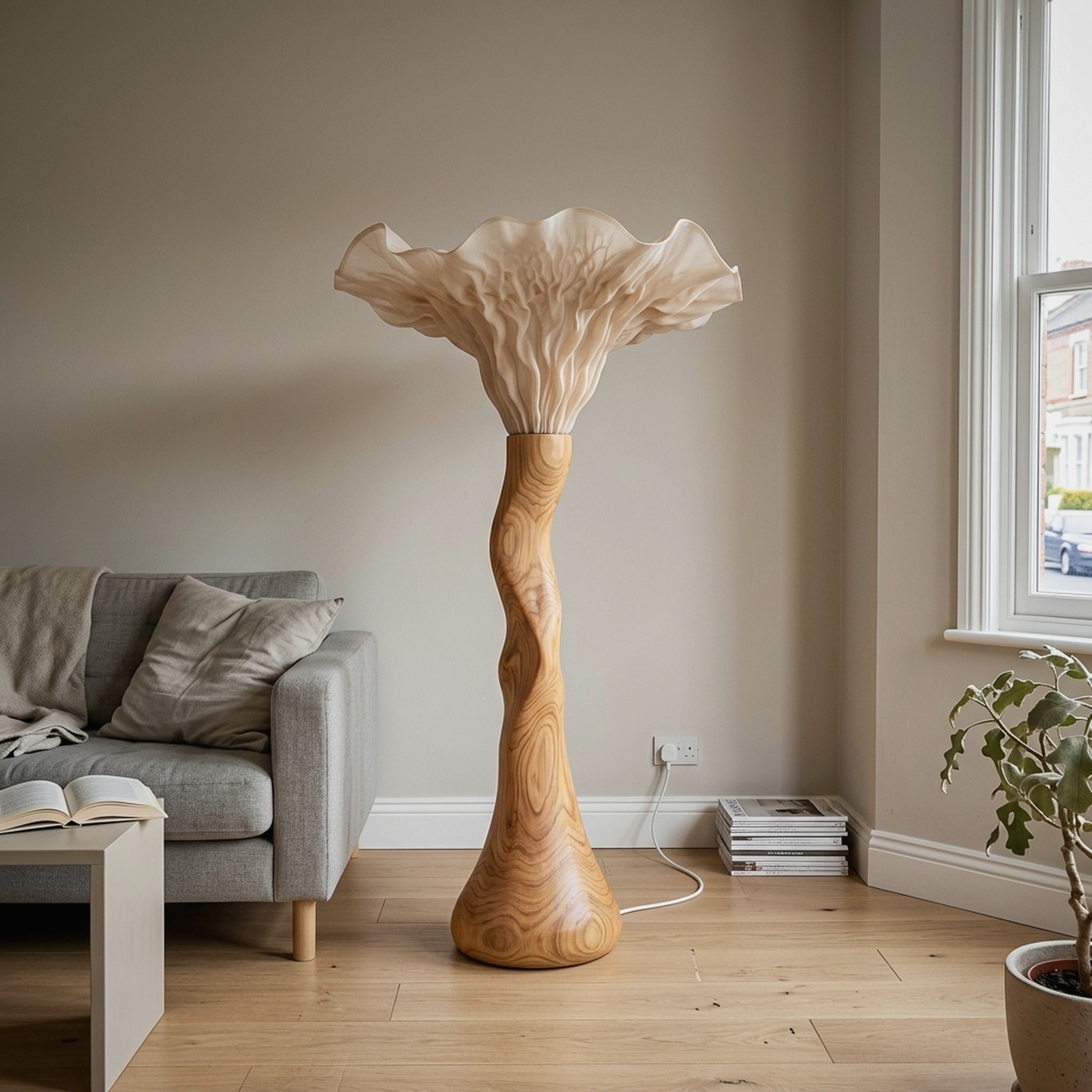 Farmhouse Sculptural Wooden Mushroom Floor Lamp for Bedroom