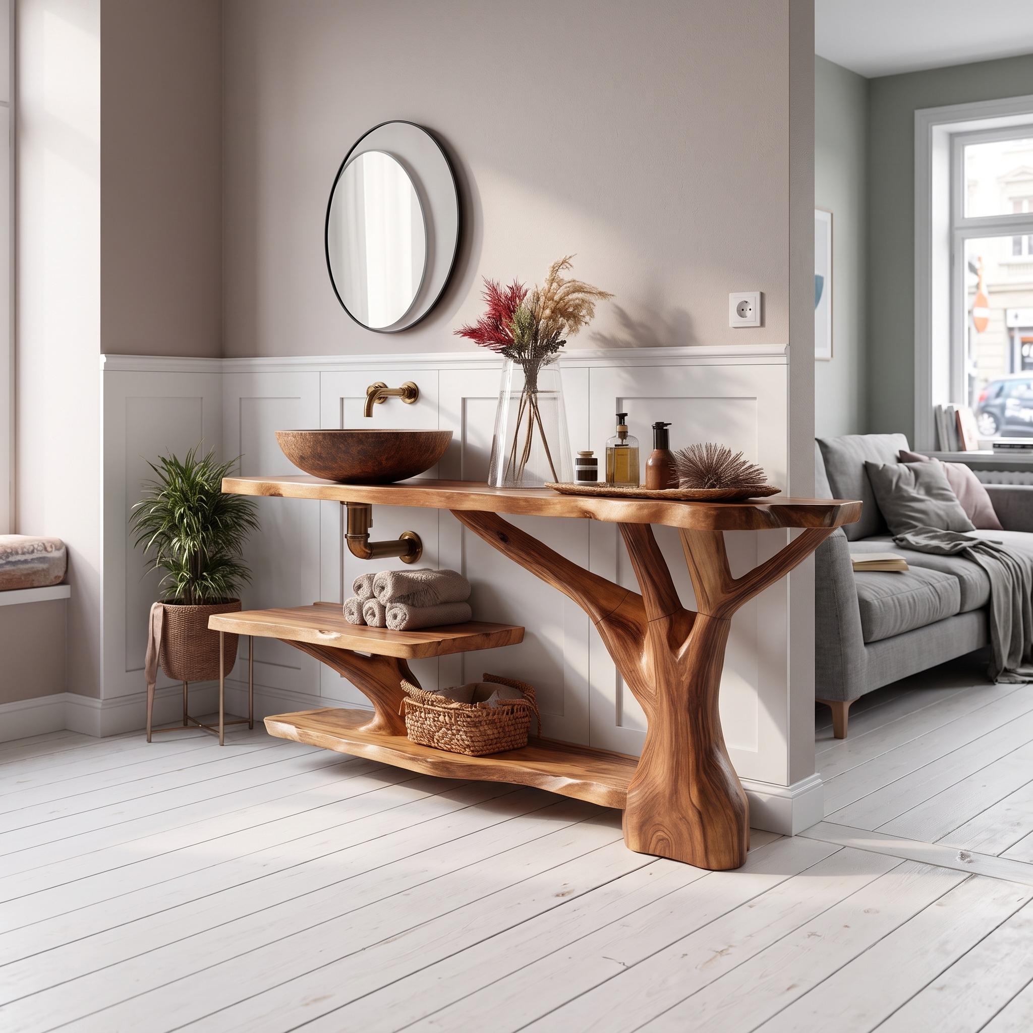 Farmhouse Solid Wood Bathroom Vanity, Live Edge Slab Sink Console for Rustic Bathroom Decoration