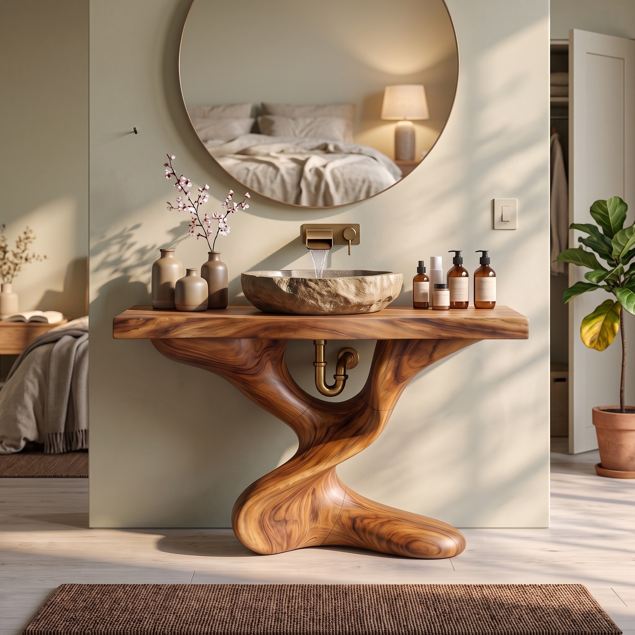 Farmhouse Solid Wood Bathroom Vanity, Rustic Handcrafted Single Sink Storage Cabinet for Natural Bathroom