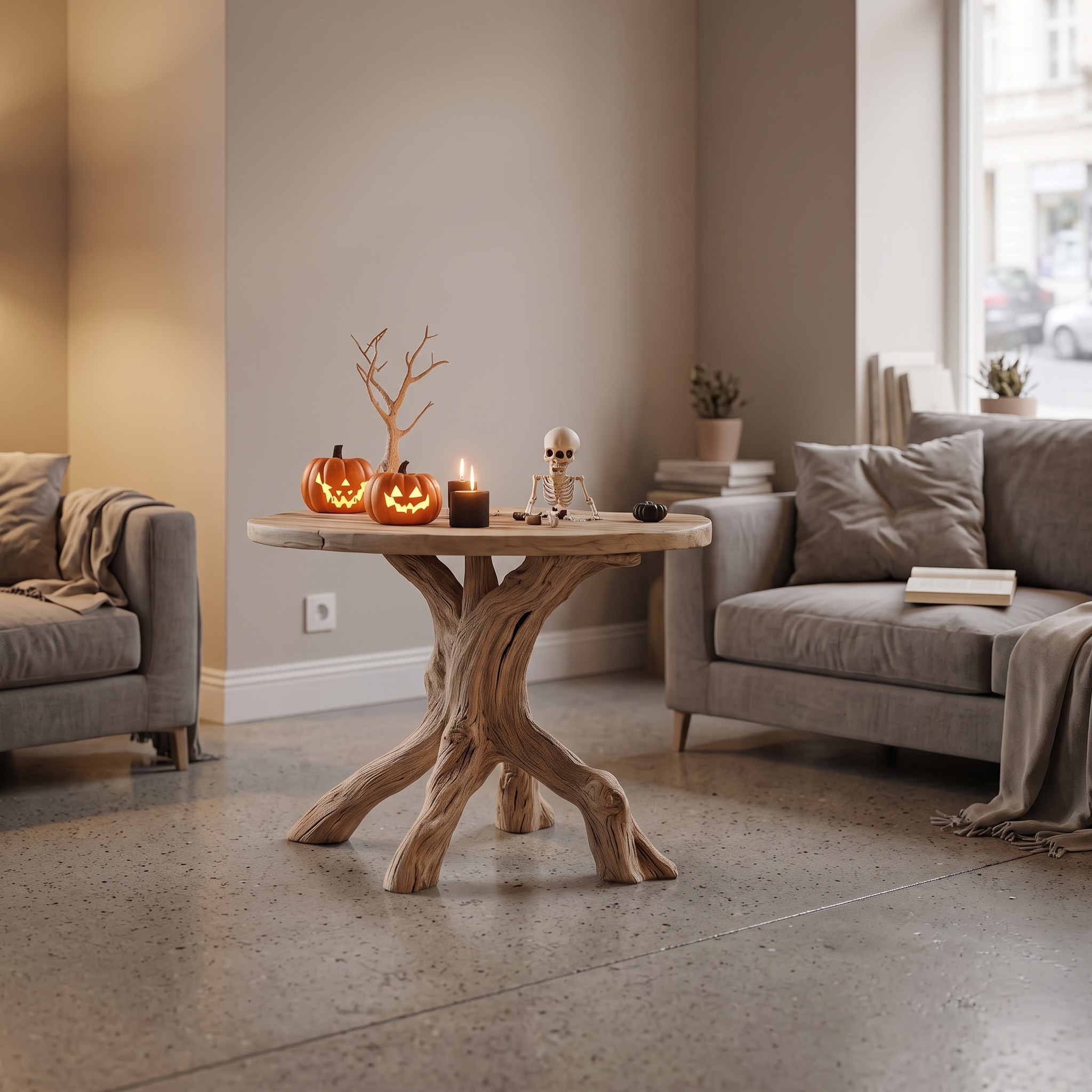 Farmhouse Solid Wood End Table, Gothic Pumpkin-Shaped Side Table, Rustic Wooden Nightstand Accent for Living Room
