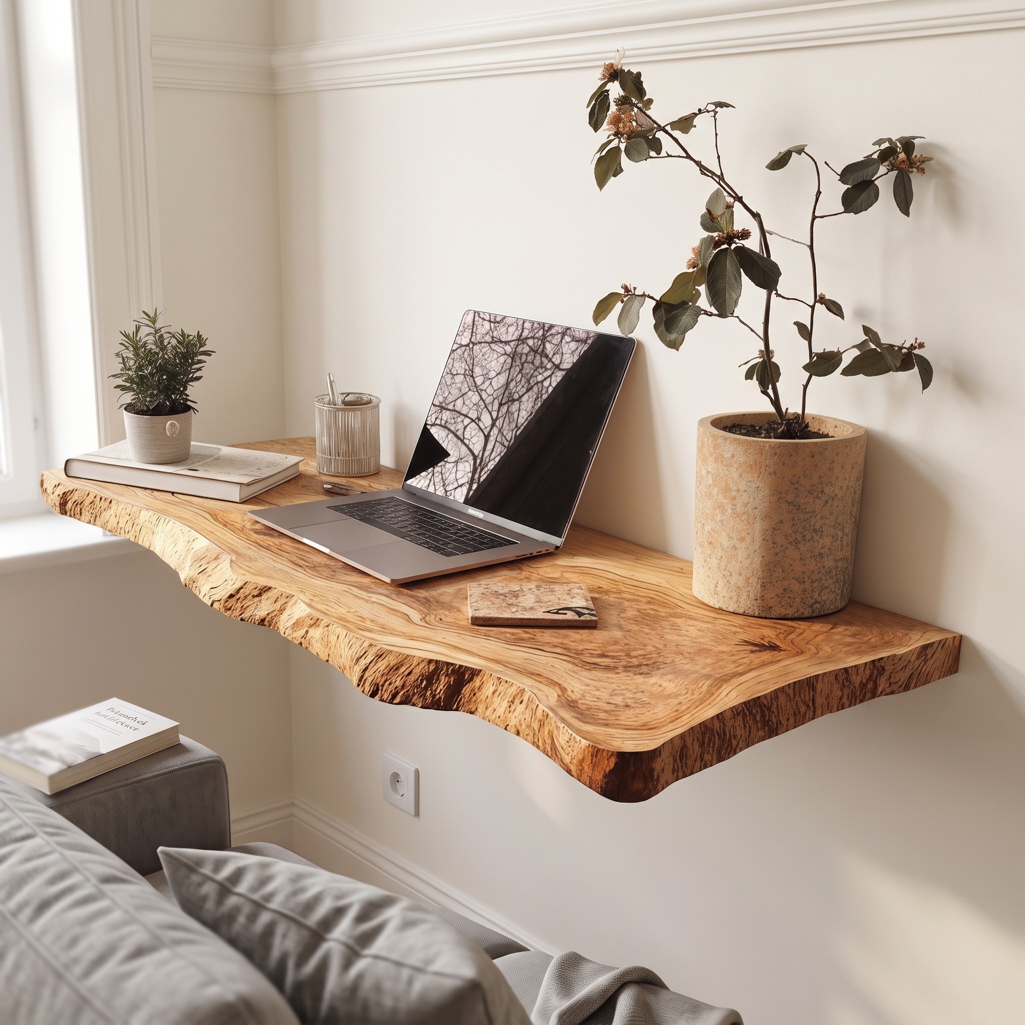 Farmhouse Solid Wood Floating Desk, Space-Saving Wall-Mounted Computer Desk for Home Office