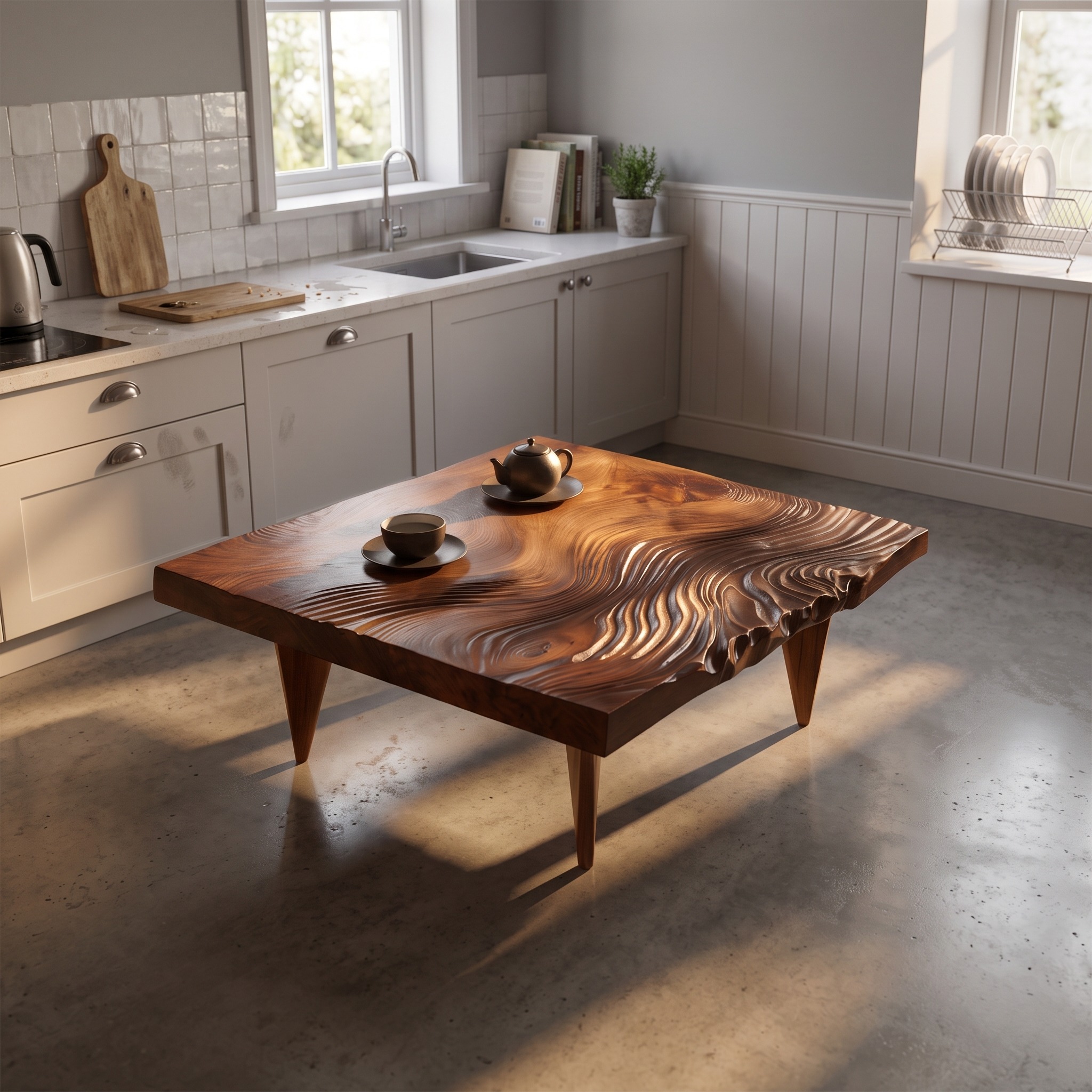 Farmhouse Solid Wood Irregular Coffee Table, Handcrafted Natural Wood Accent Table for Living Room & Entryway