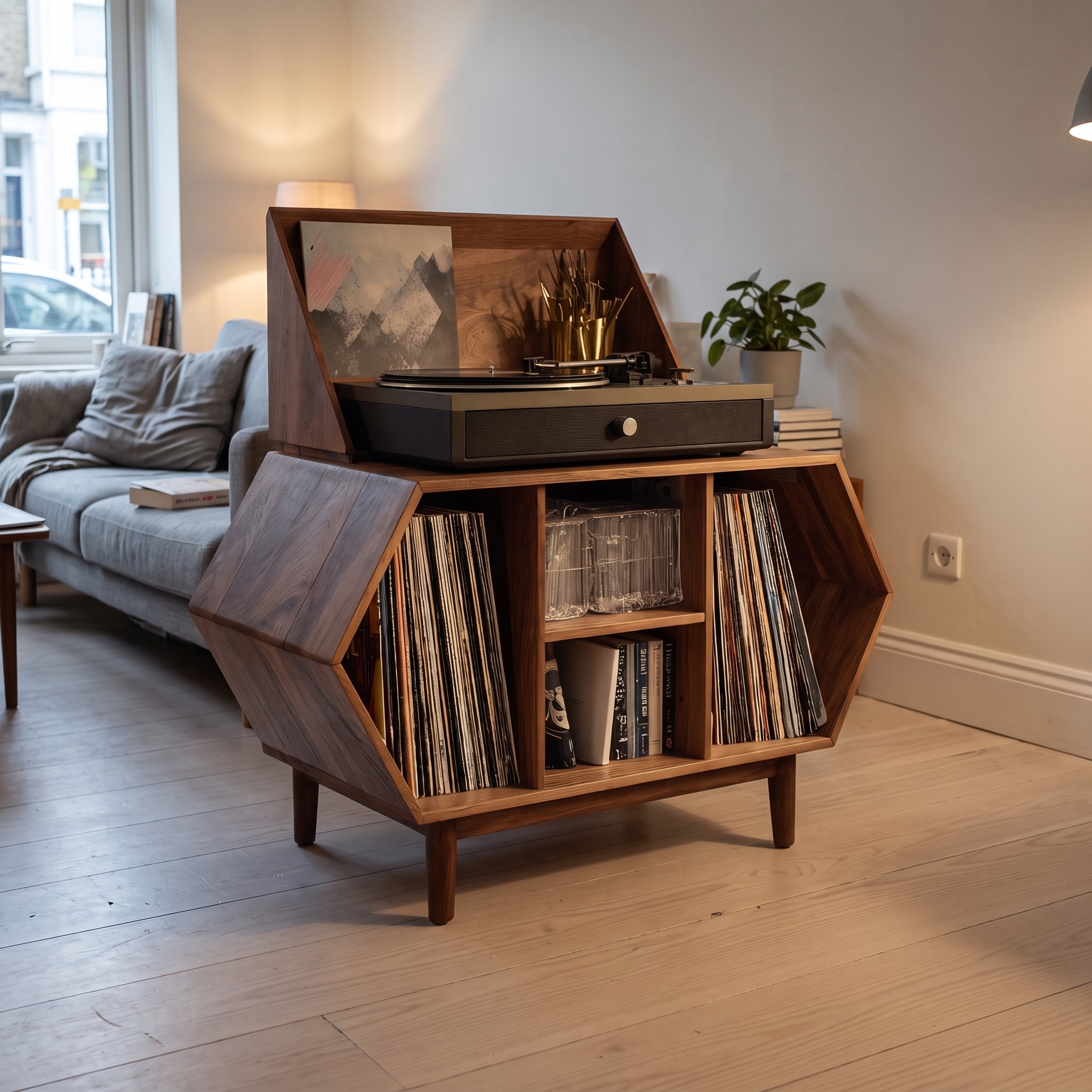 Farmhouse Solid Wood Record Player Stand, Handcrafted Vinyl Storage Console Cabinet for Living Room and Entryway