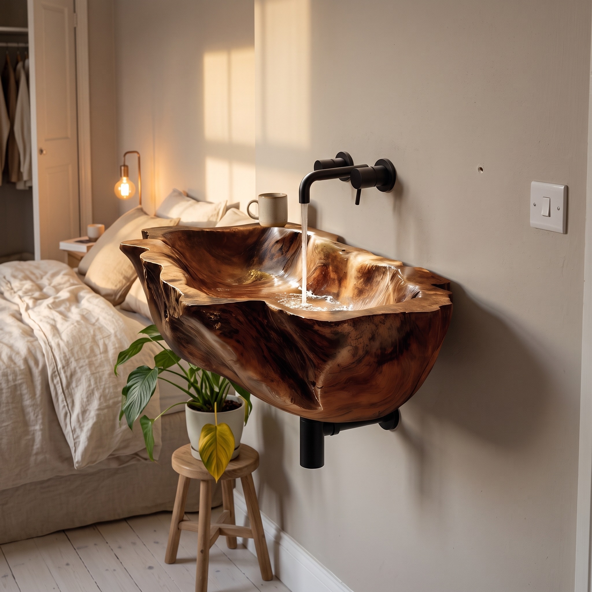 Farmhouse Solid Wood Vessel Sink, Rustic Natural Wooden Wash Basin for Bathroom & Vanity Faucet Decor