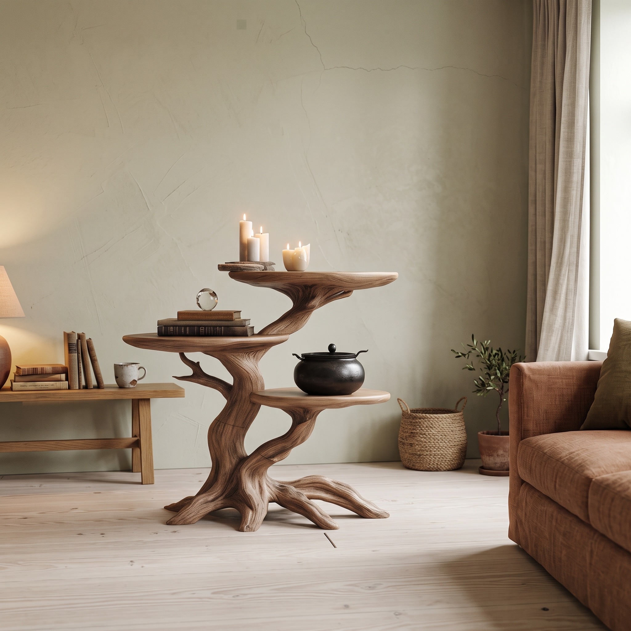 Farmhouse Wooden End Table, Rustic Side Table, Pumpkin-Shaped Gothic Accent Nightstand for Living Room & Bedroom