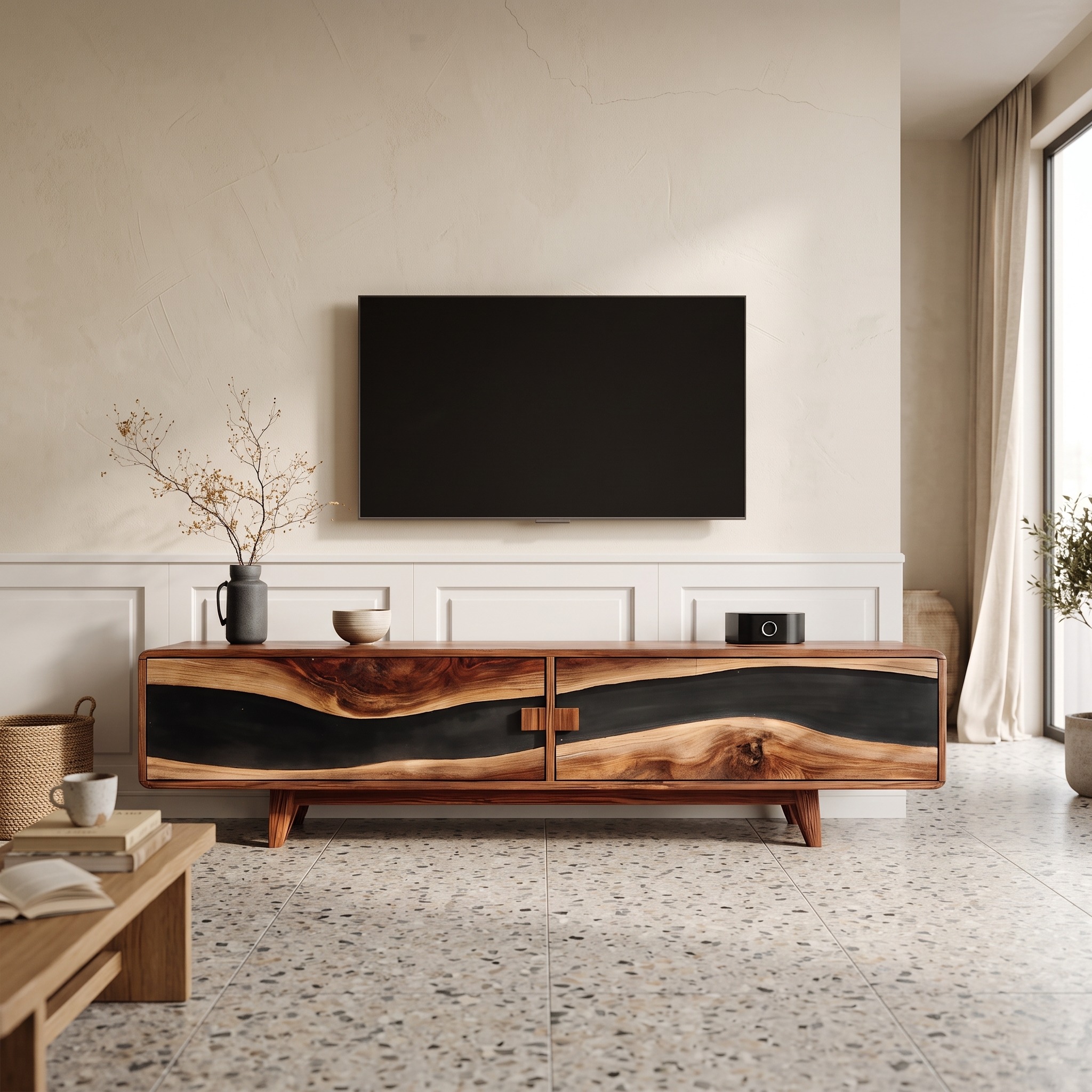 Farmhouse Wooden Entertainment Center, Solid Wood Rustic TV Stand & Storage Console for Living Room
