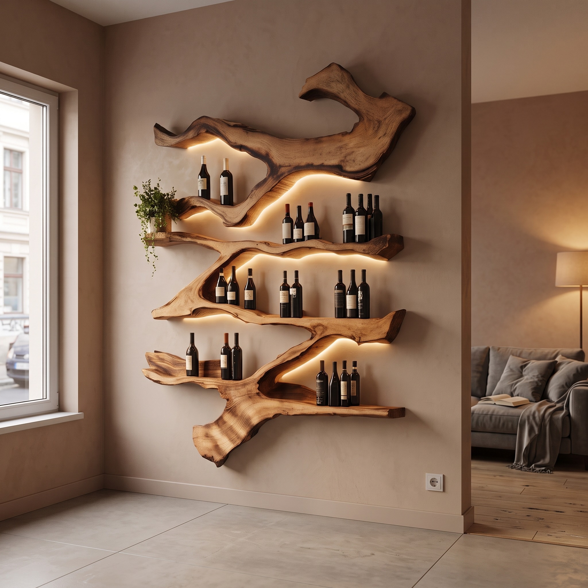 Farmhouse Wooden Live Edge Wine Holder, Solid Wood Wine Rack Bottle Organizer, Halloween Kitchen Furniture Decor
