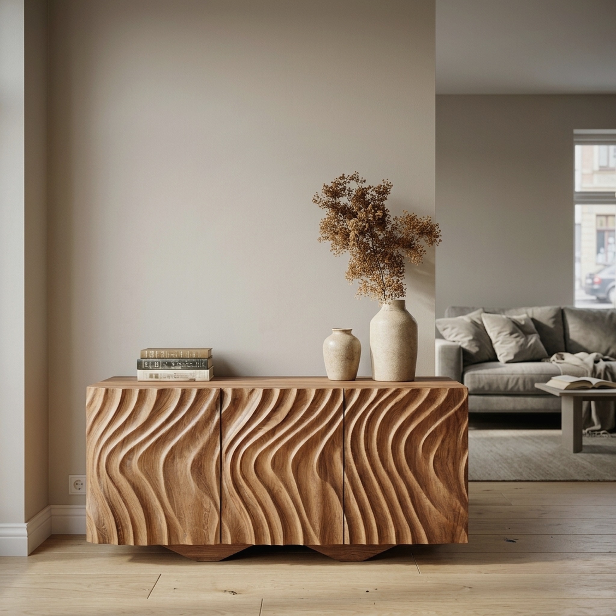 Farmhouse Wooden Sideboard with Carved Wave Doors for Living Storage
