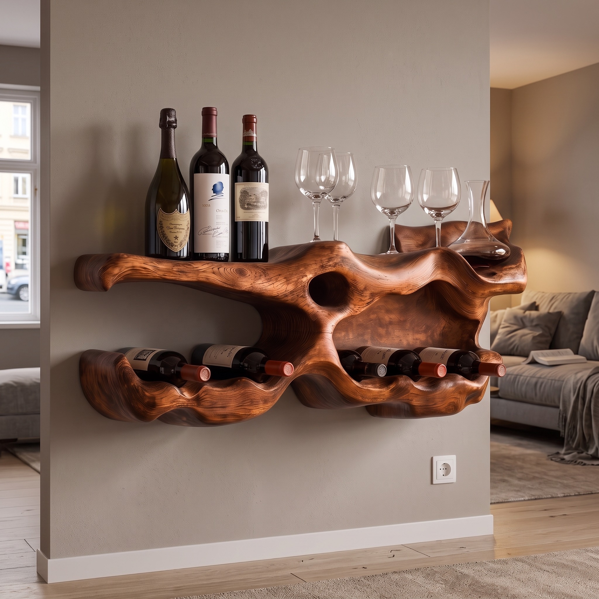 Farmhouse Wooden Wine Holder, Handcrafted Tabletop Wine Bottle Rack & Glass Display Organizer for Living Room Shelf