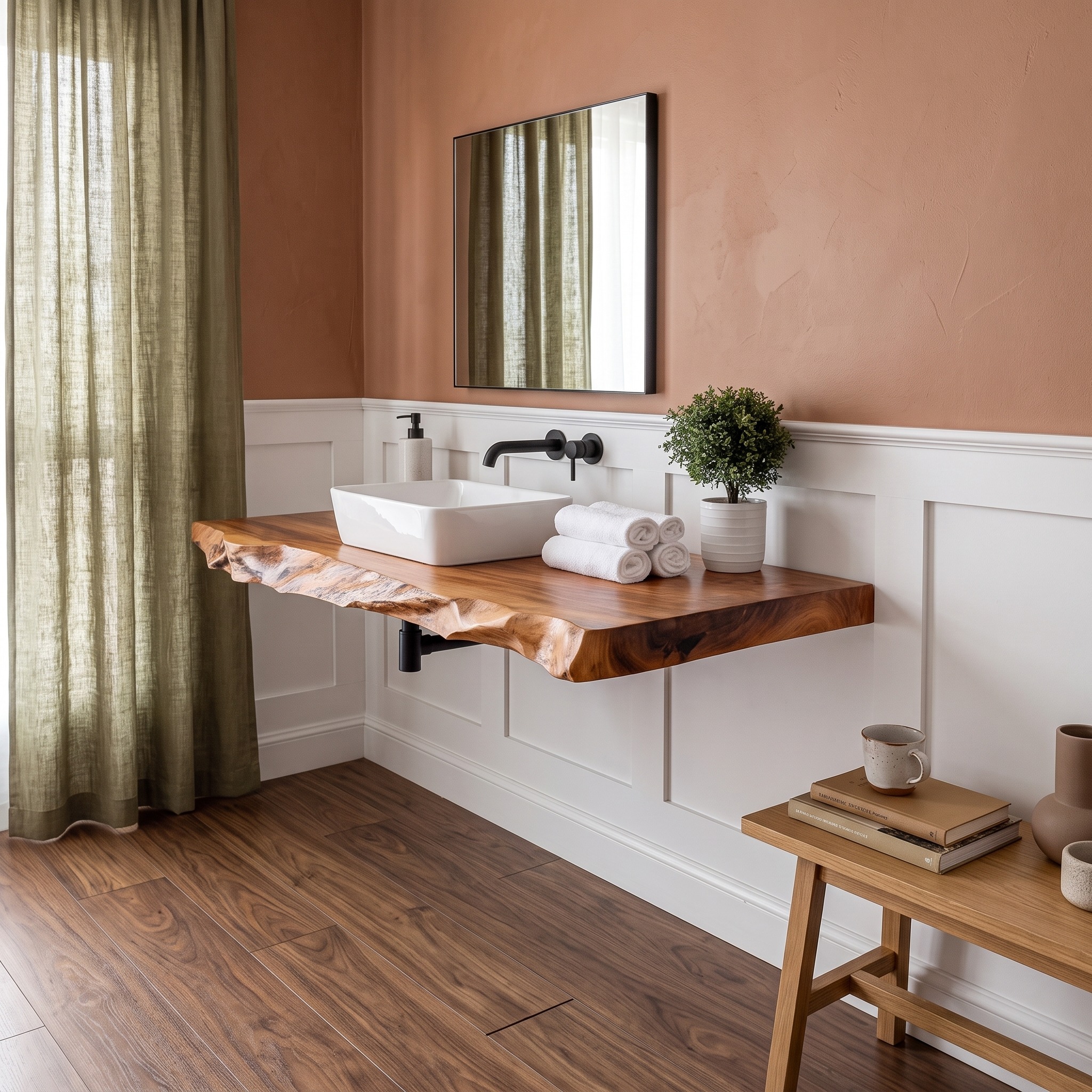 Floating Bathroom Vanity Shelf, Rustic Handcrafted Solid Wood Single Washstand, Wall Mounted Farmhouse Bathroom Storage
