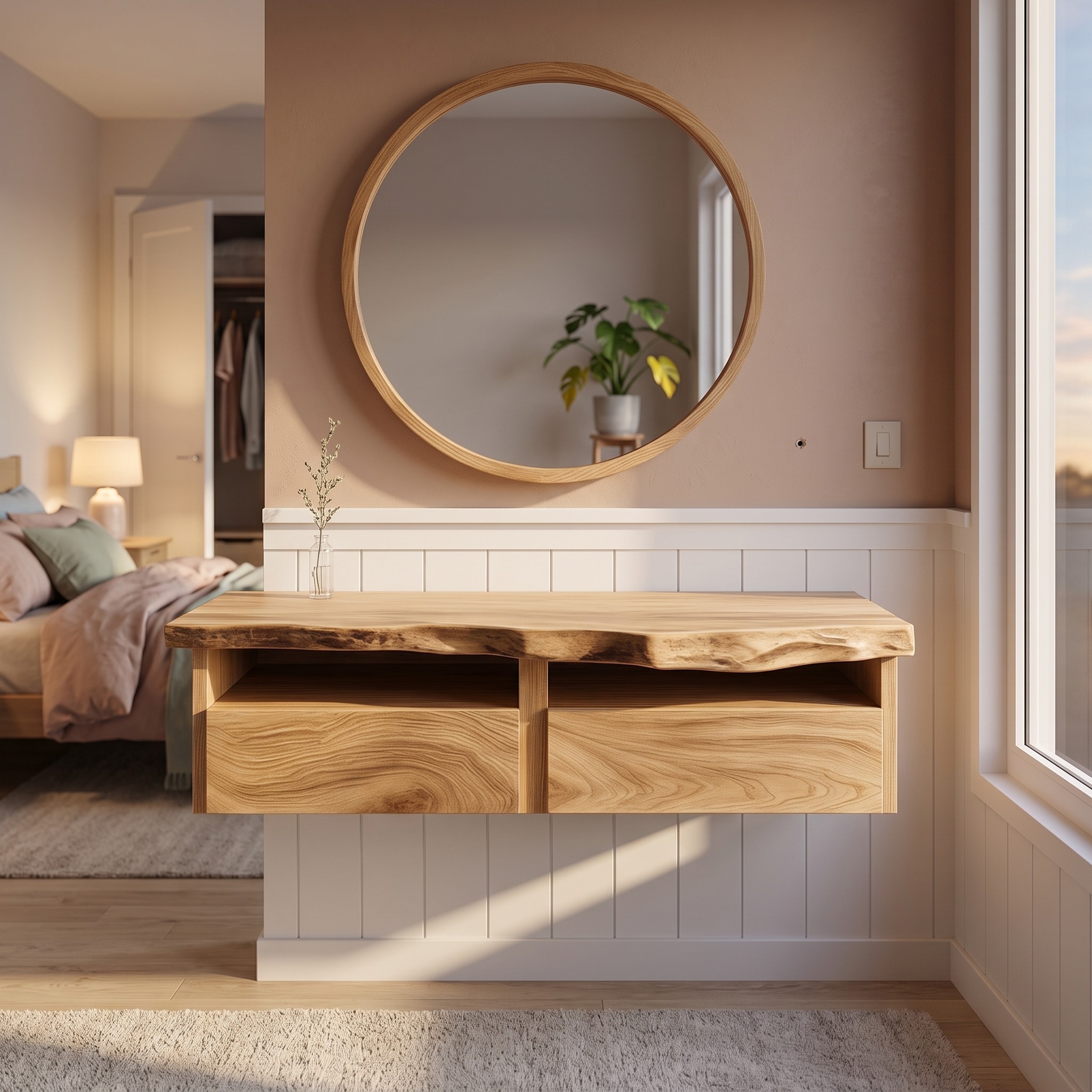 Floating Bathroom Vanity Shelf, Rustic Raw Edge Solid Wood Single Washstand, Wall Mount Handcrafted Bathroom Storage