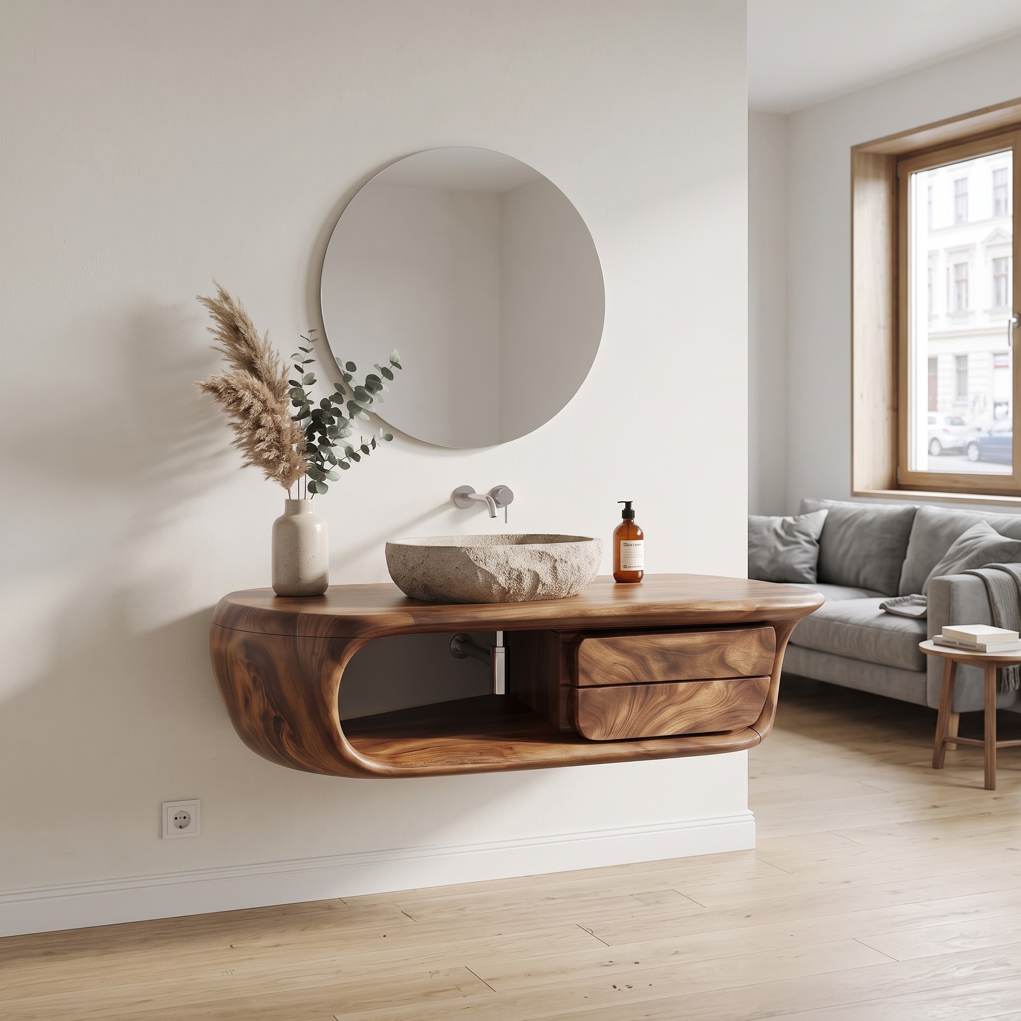 Floating Bathroom Vanity with Curved Wood Base, Wall Mounted Solid Wood Storage Drawer Sink Console
