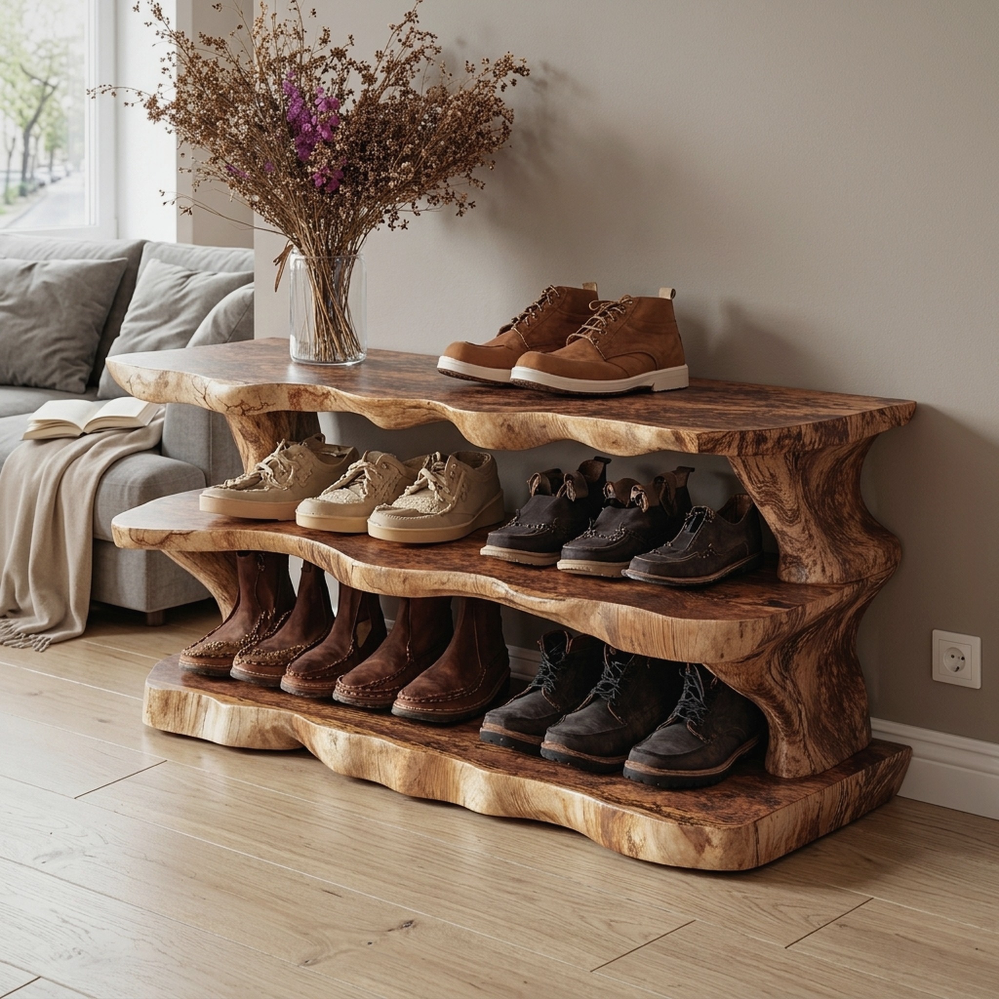 Floating Style Wooden Shoe Bench for Entryway Living Room