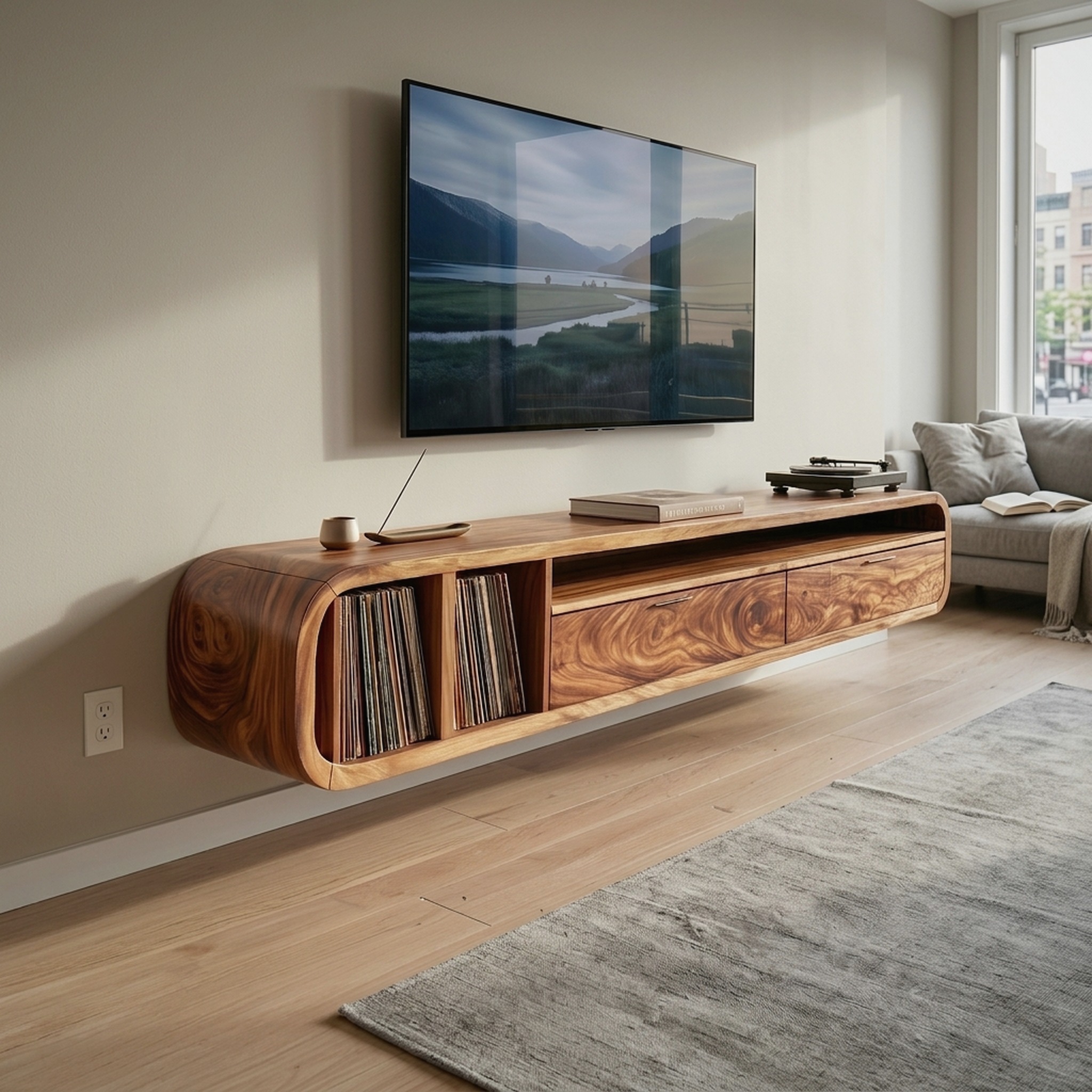 Floating Walnut TV Cabinet Vinyl Record Storage